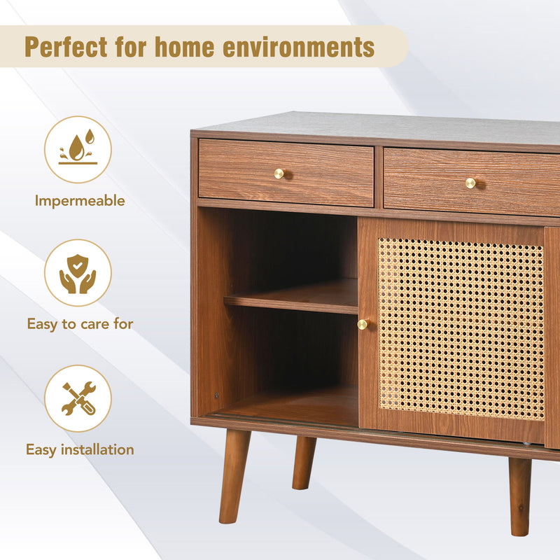Retro Walnut Rattan Sideboard Cabinet