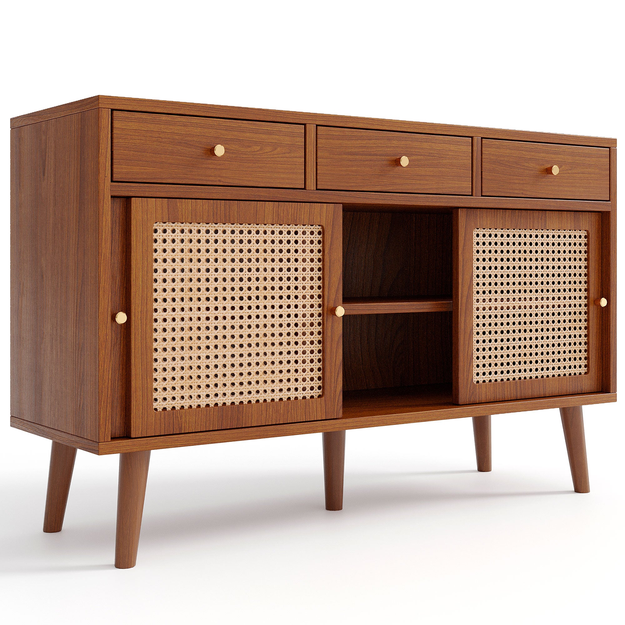 Retro Walnut Rattan Sideboard Cabinet