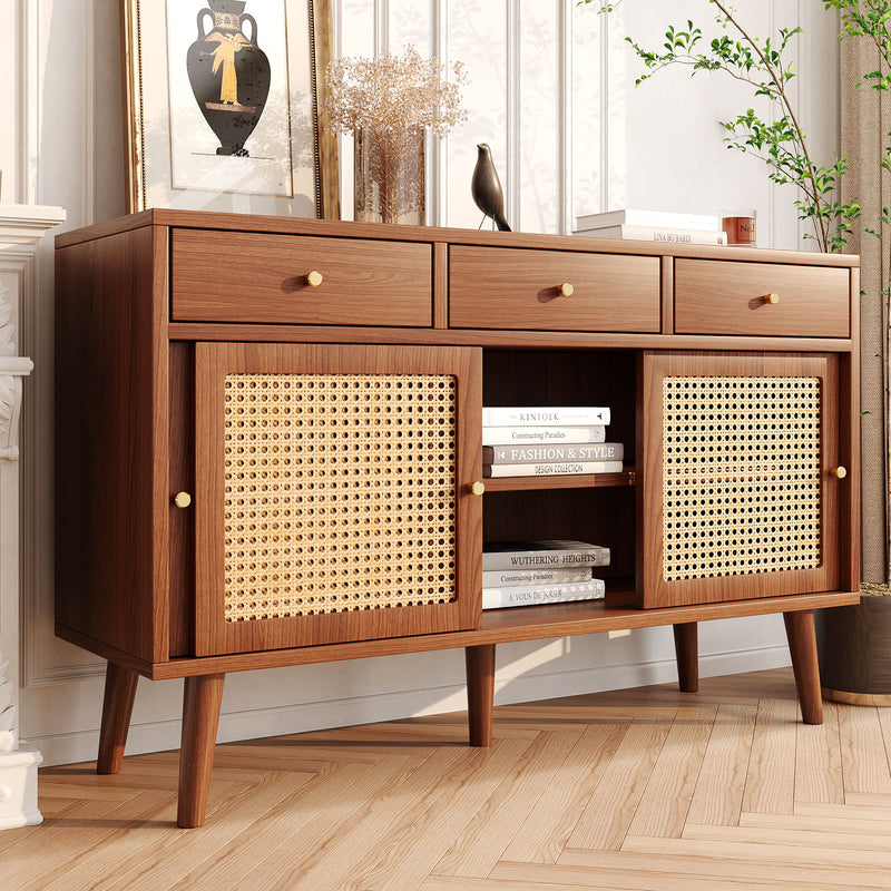 Retro Walnut Rattan Sideboard Cabinet