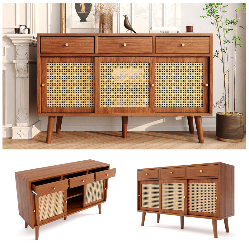 Retro Walnut Rattan Sideboard Cabinet