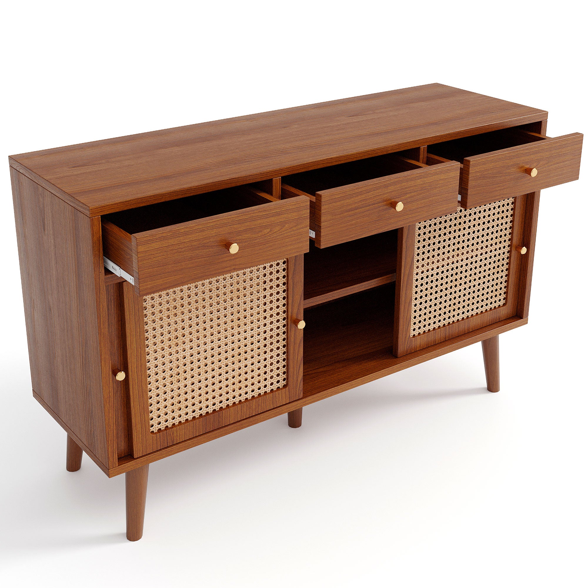 Retro Walnut Rattan Sideboard Cabinet