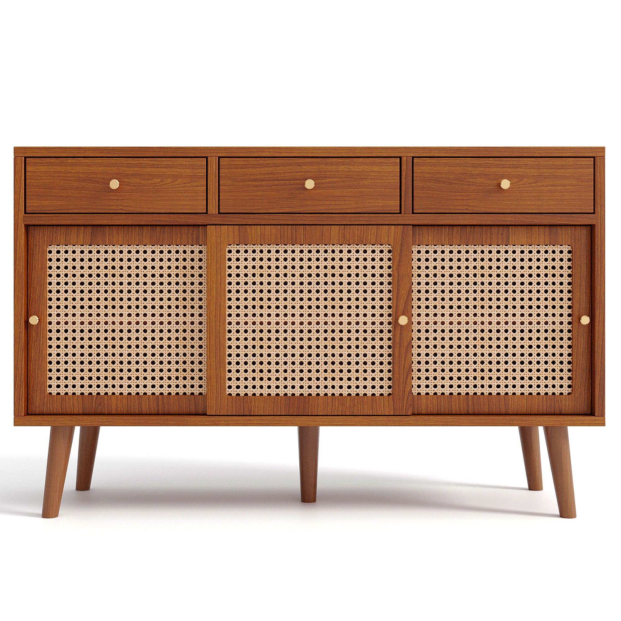 Retro Walnut Rattan Sideboard Cabinet