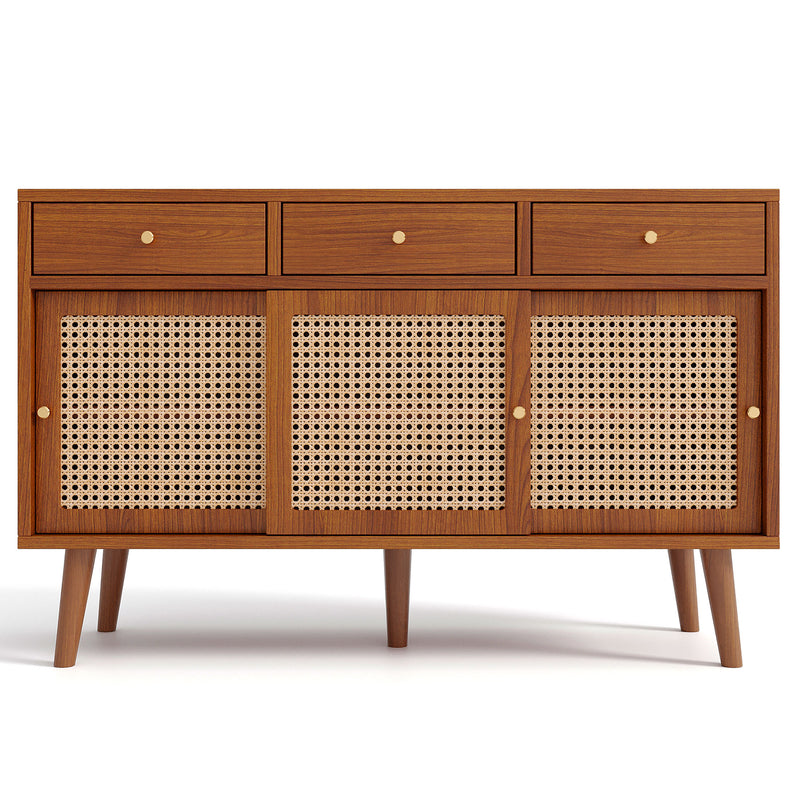 Retro Walnut Rattan Sideboard Cabinet