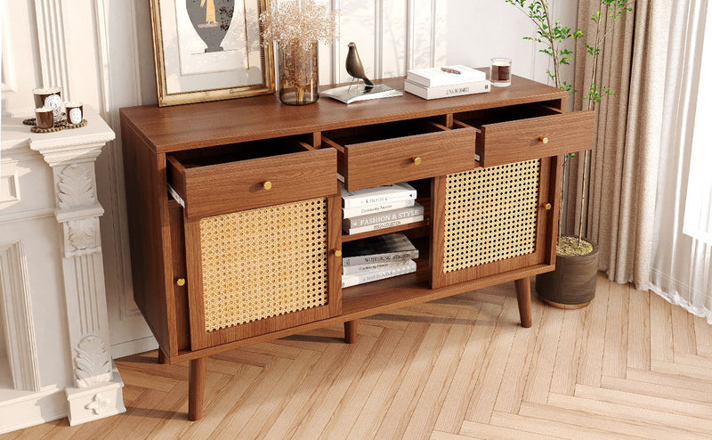 Retro Walnut Rattan Sideboard Cabinet