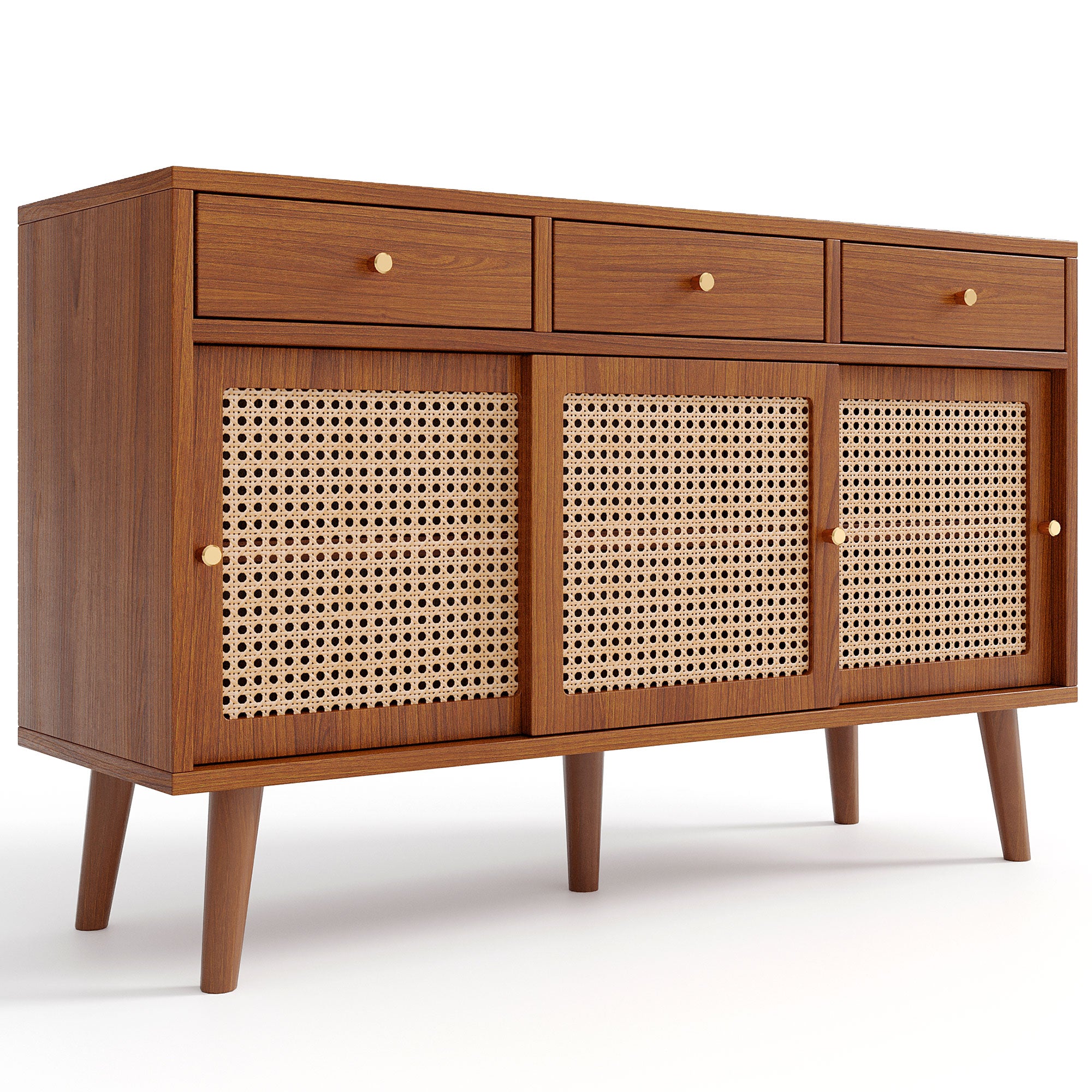 Retro Walnut Rattan Sideboard Cabinet