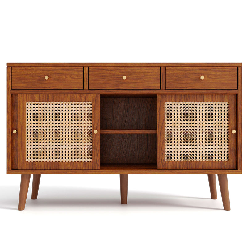 Retro Walnut Rattan Sideboard Cabinet