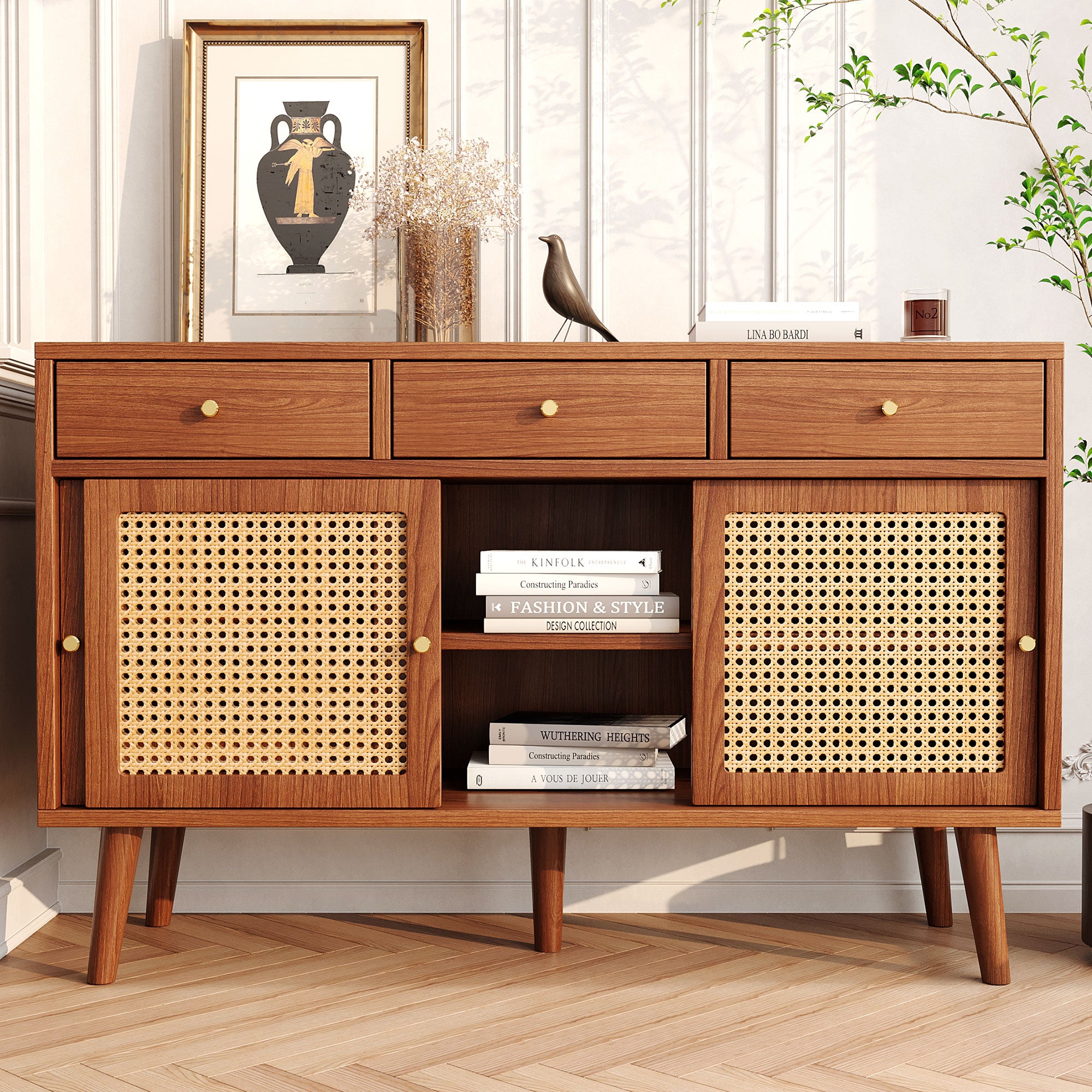 Retro Walnut Rattan Sideboard Cabinet