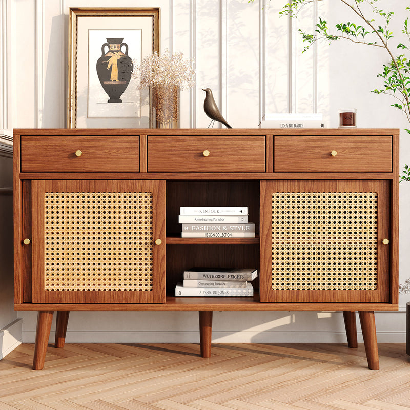 Retro Walnut Rattan Sideboard Cabinet
