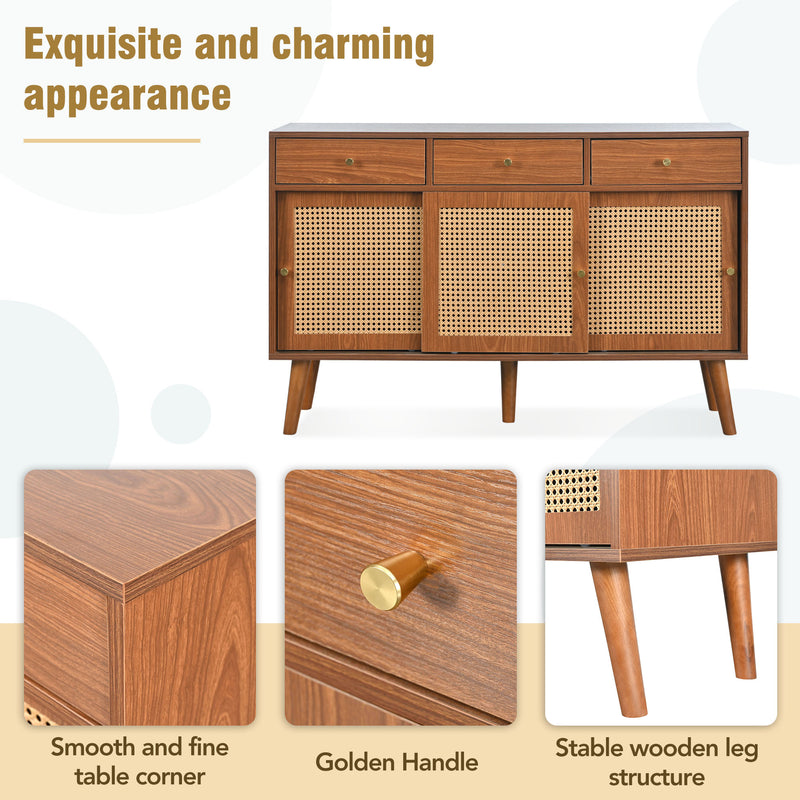 Retro Walnut Rattan Sideboard Cabinet