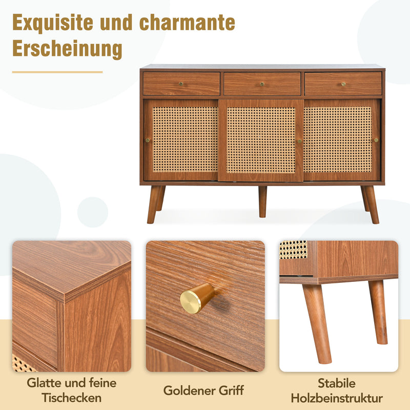 Retro Walnut Rattan Sideboard Cabinet