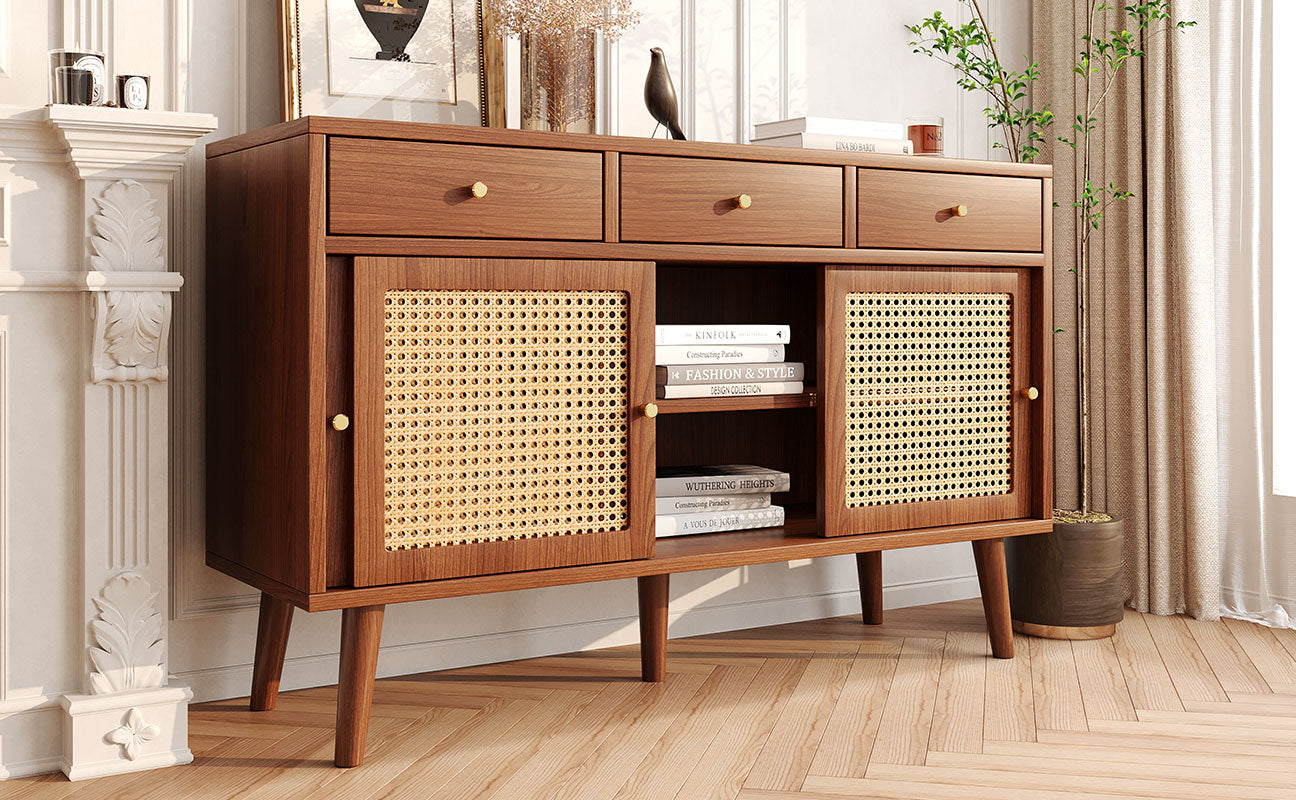 Retro Walnut Rattan Sideboard Cabinet
