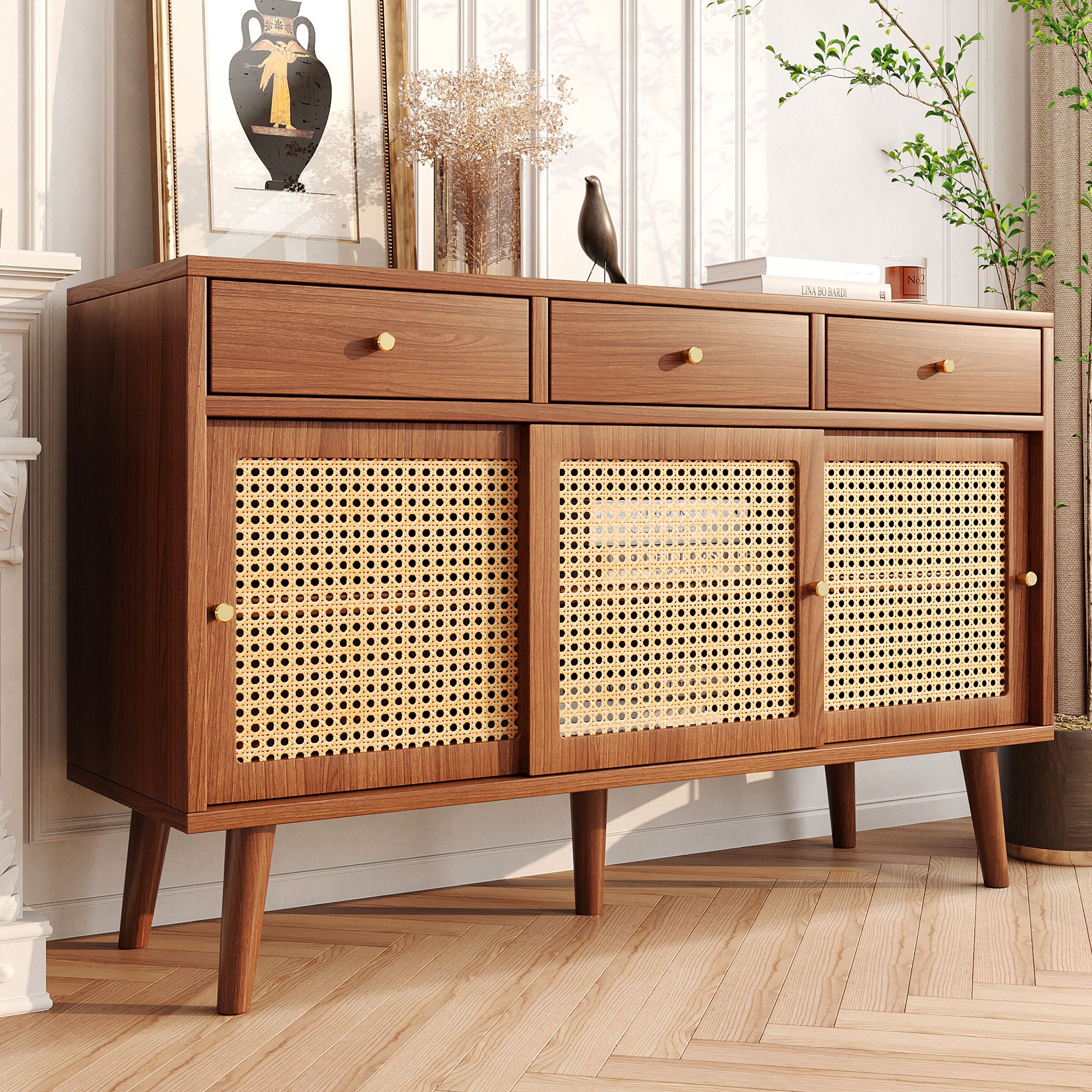 Retro Walnut Rattan Sideboard Cabinet