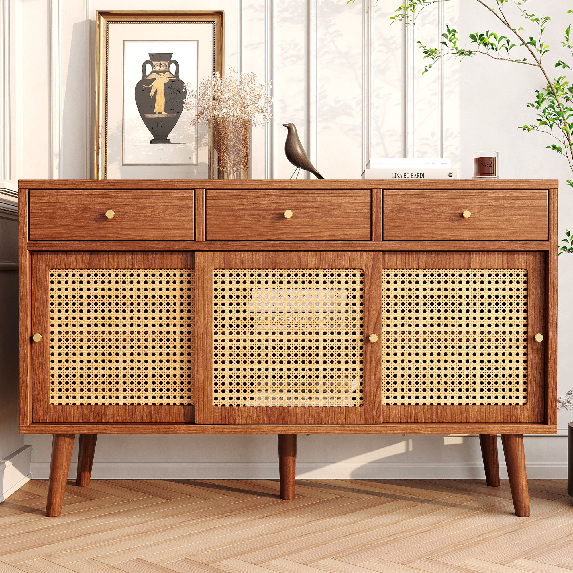 Retro Walnut Rattan Sideboard Cabinet