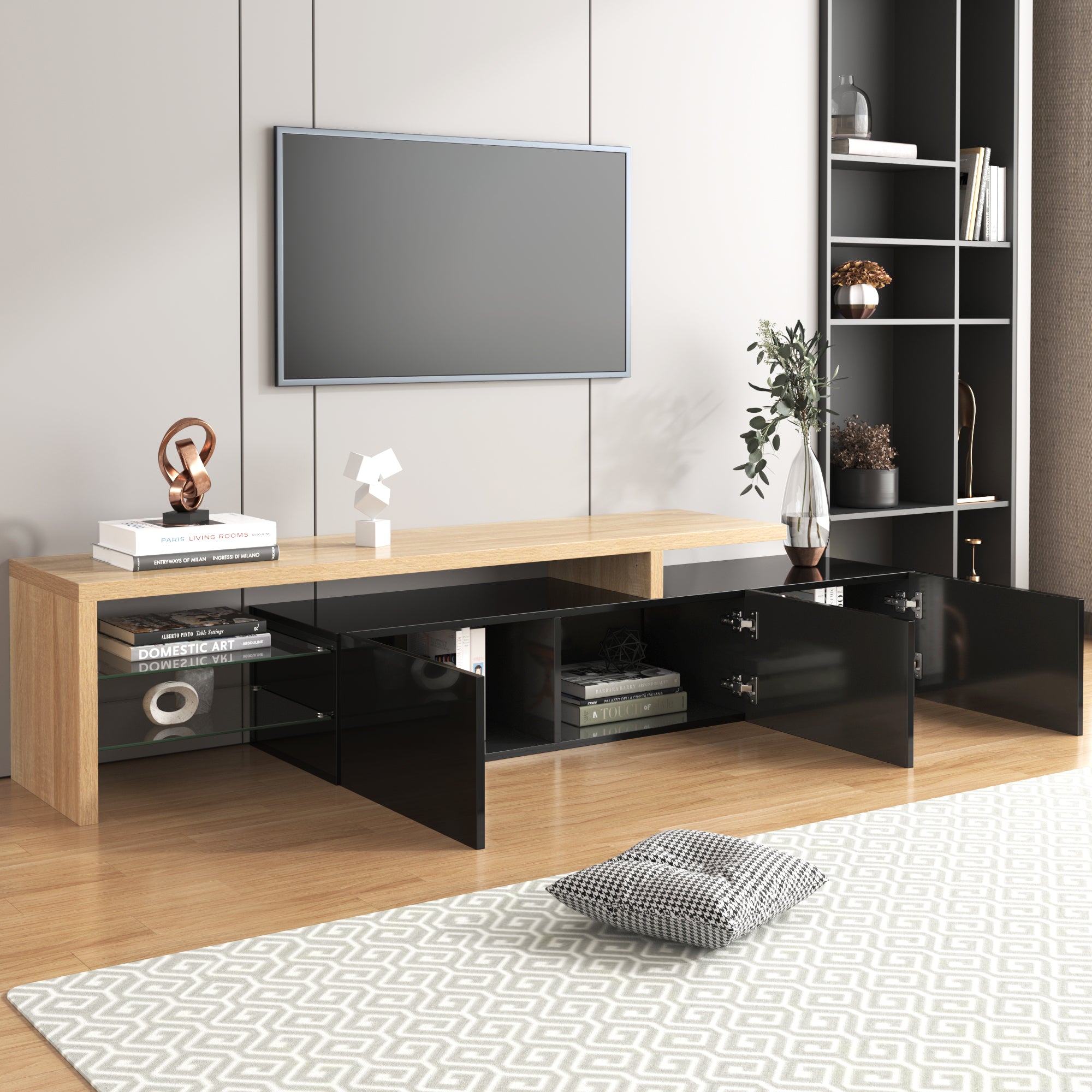 Moderner TV-Schrank mit Glasböden und LED-Beleuchtung