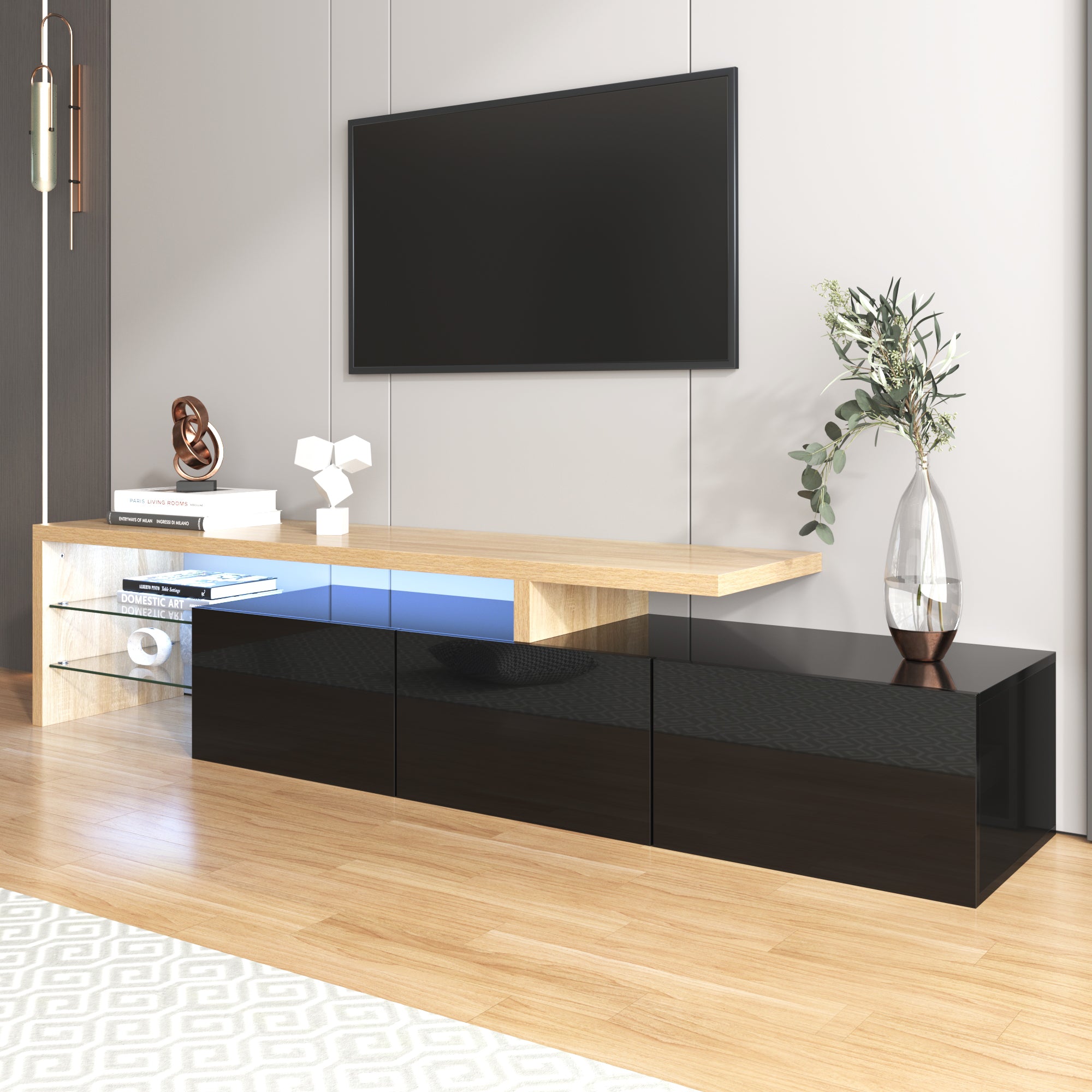 Moderner TV-Schrank mit Glasböden und LED-Beleuchtung