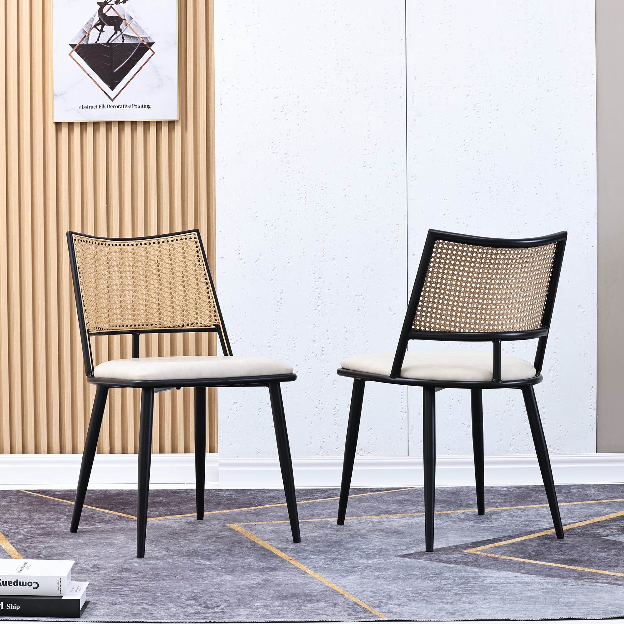 Esszimmerstuhl Set mit Rattan Rückenlehne und gepolstertem Sitz