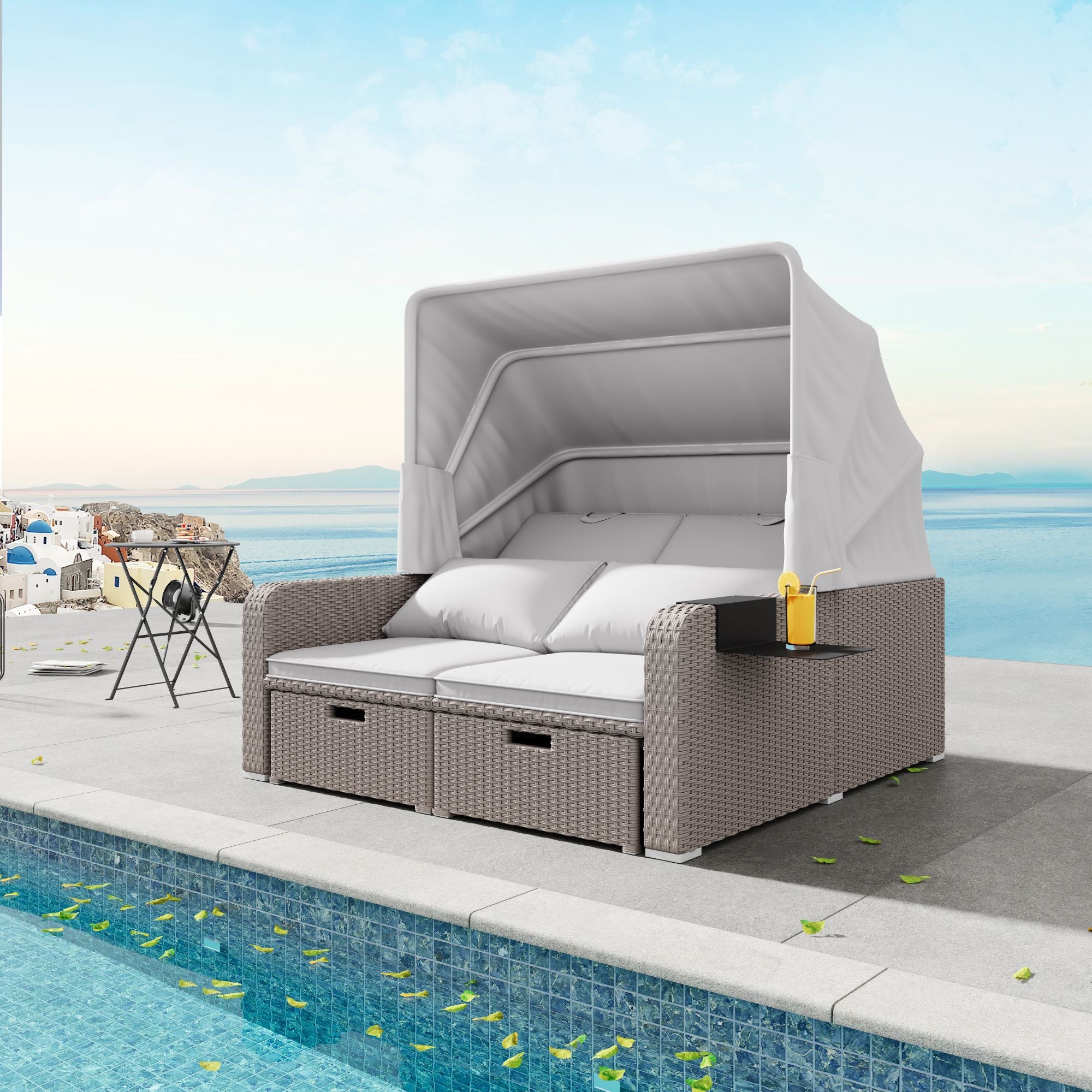 Polyrattan Garten-Loungesofa für 2 Personen – Multifunktionales Outdoor-Sofa mit Markise & ausziehbarer Liege
