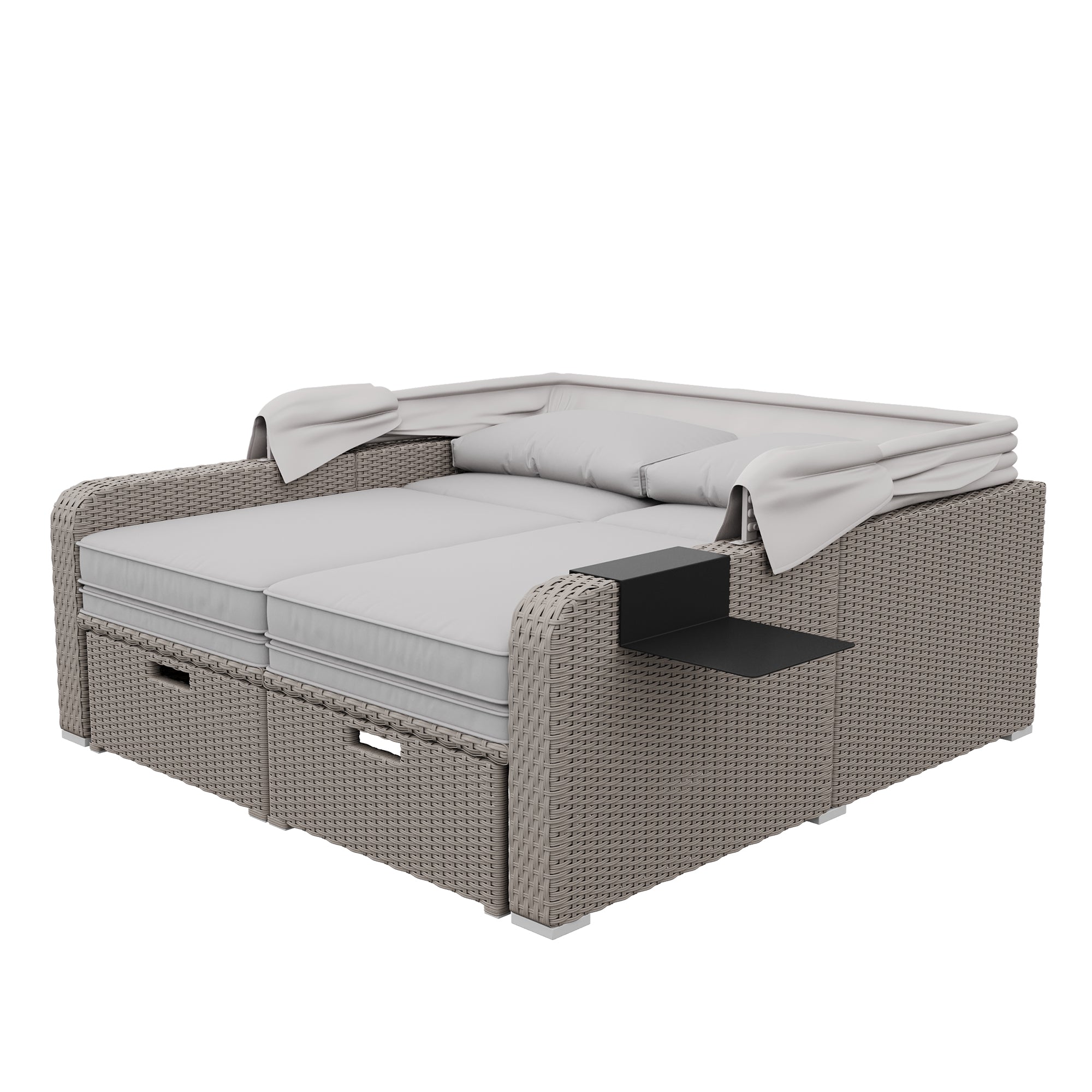 Polyrattan Garten-Loungesofa für 2 Personen – Multifunktionales Outdoor-Sofa mit Markise & ausziehbarer Liege