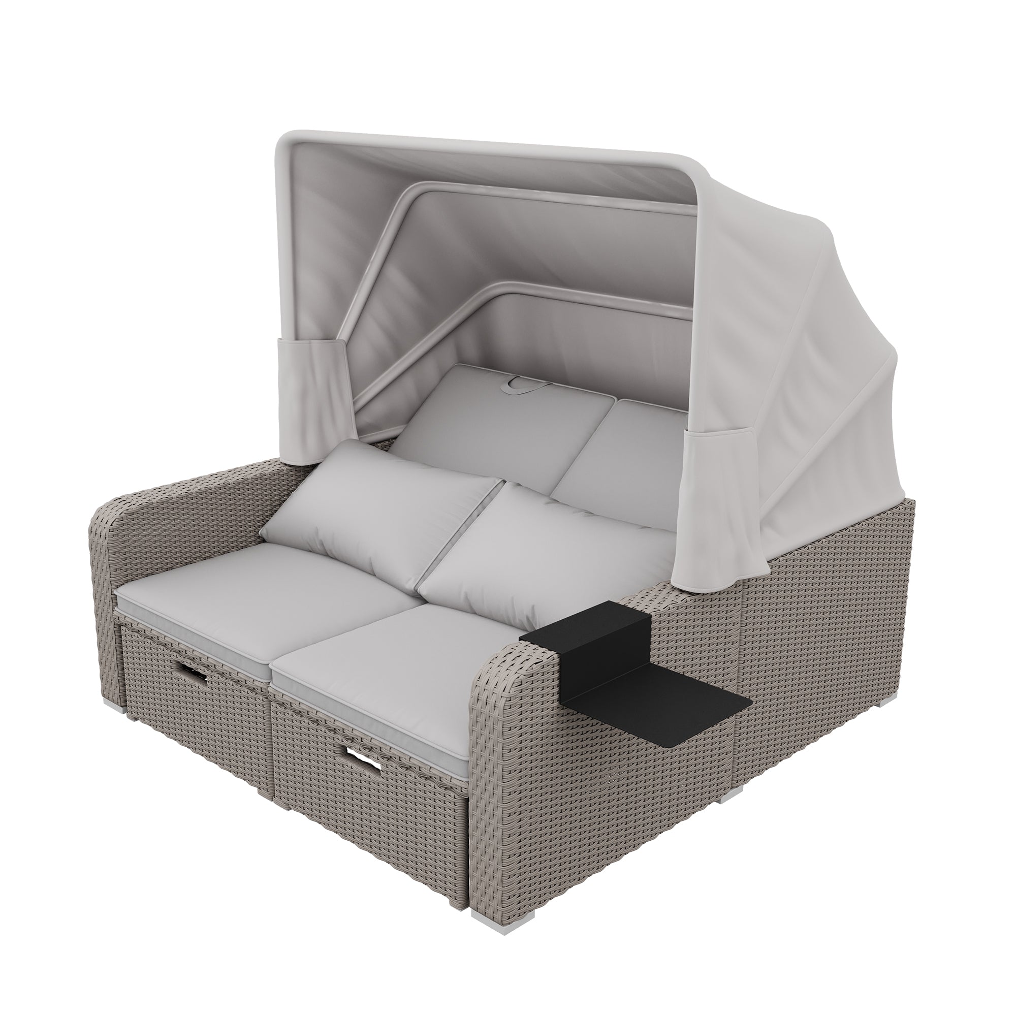 Polyrattan Garten-Loungesofa für 2 Personen – Multifunktionales Outdoor-Sofa mit Markise & ausziehbarer Liege
