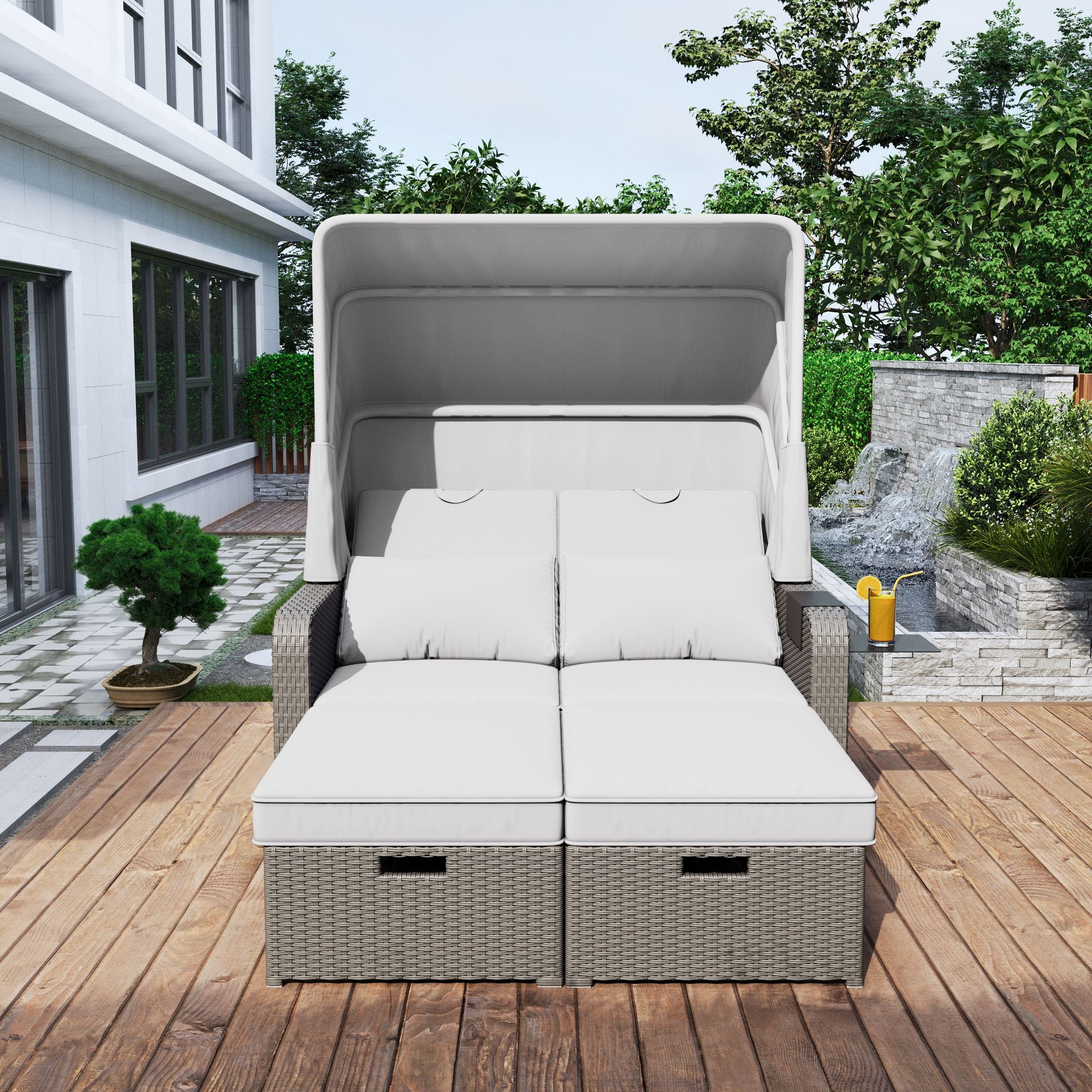 Polyrattan Garten-Loungesofa für 2 Personen – Multifunktionales Outdoor-Sofa mit Markise & ausziehbarer Liege