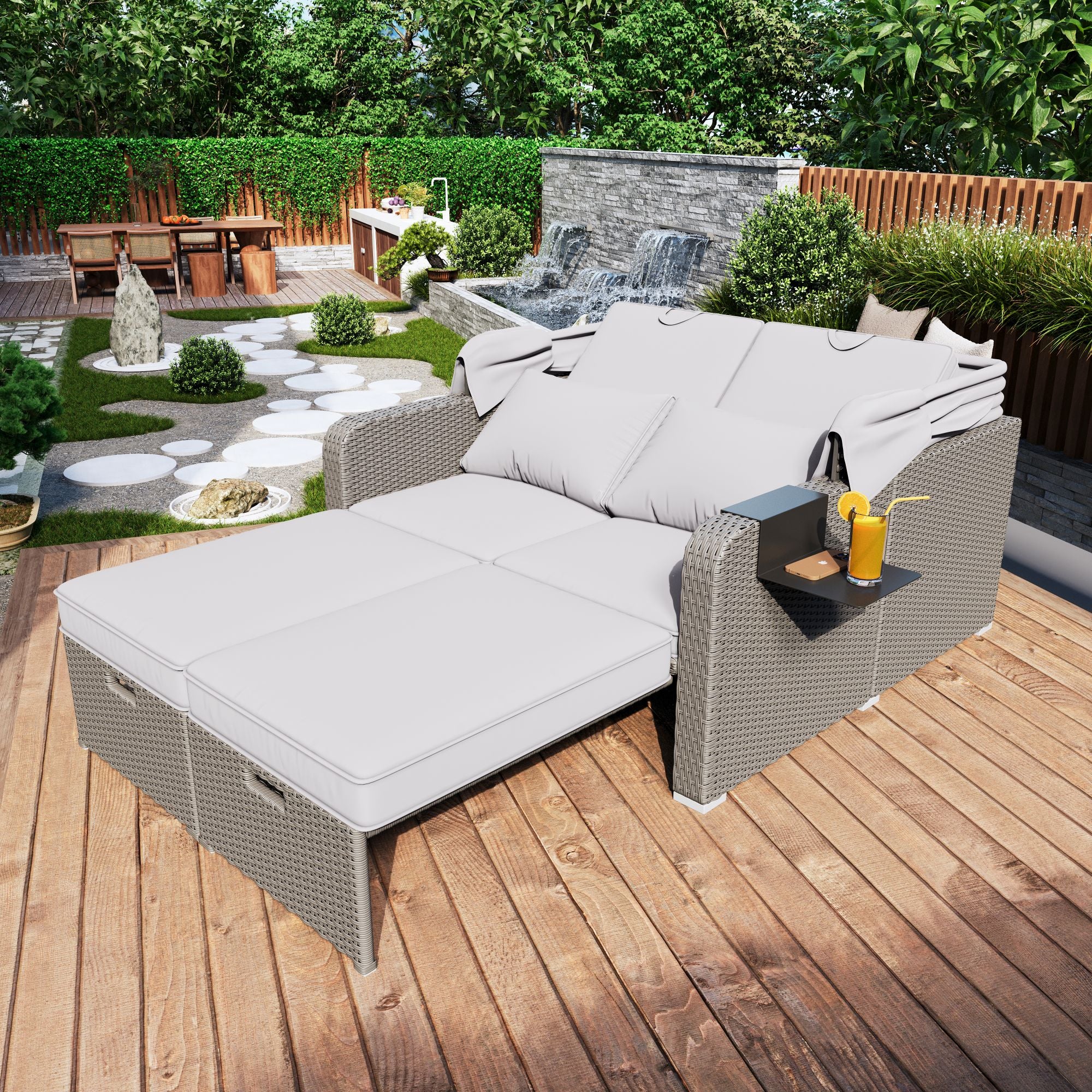 Polyrattan Garten-Loungesofa für 2 Personen – Multifunktionales Outdoor-Sofa mit Markise & ausziehbarer Liege