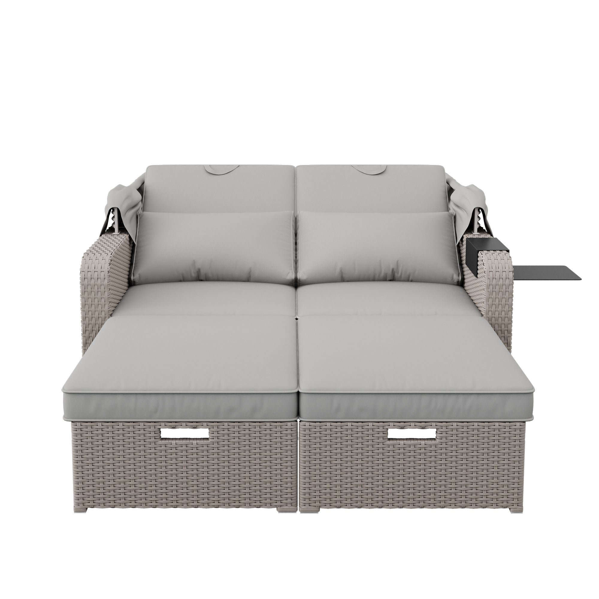 Polyrattan Garten-Loungesofa für 2 Personen – Multifunktionales Outdoor-Sofa mit Markise & ausziehbarer Liege