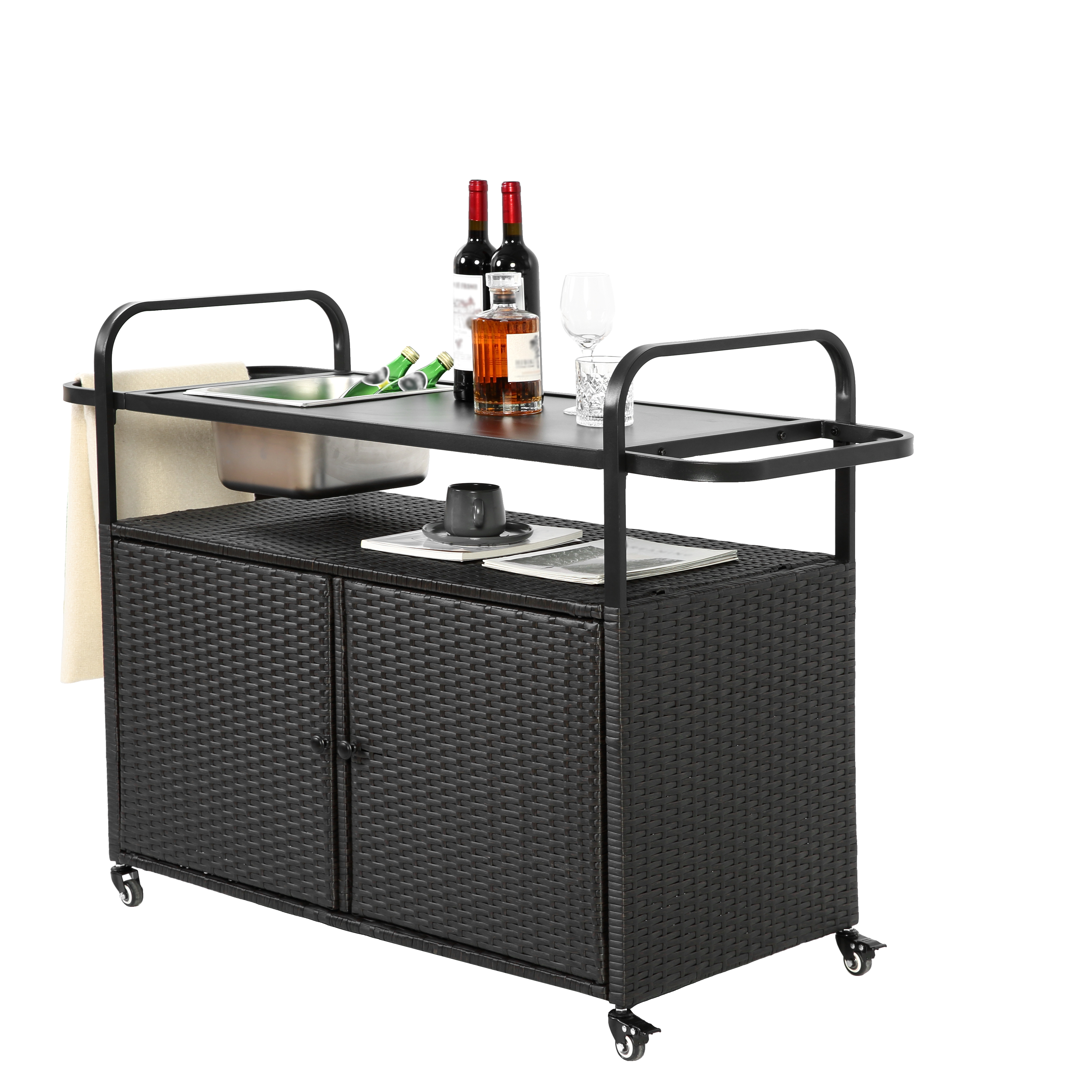 Outdoor Barwagen mit Stauraum – Servierwagen mit Spüle, Rollen und Rattan-Design