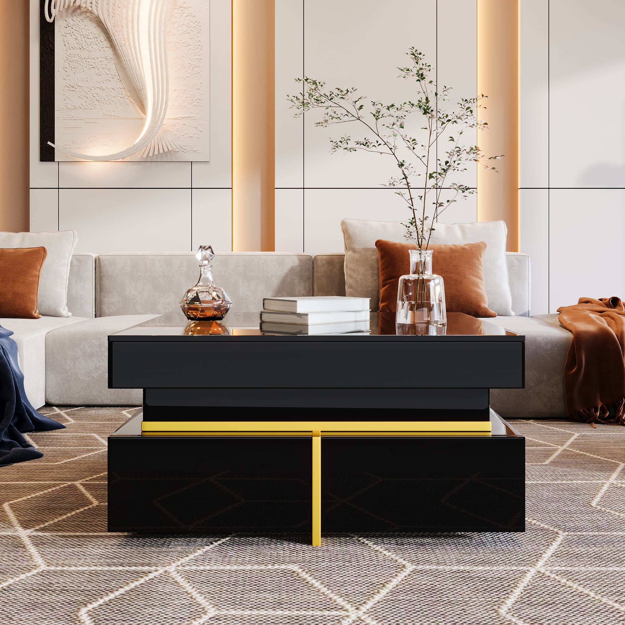 Hochglanz Couchtisch mit goldenen Akzenten