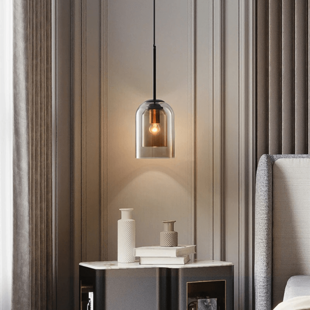 Elegante Glas-Pendelleuchte in Grau & Bernstein | Minimalistisches Design, E27 Sockel, LED-kompatibel, 60W Max, verstellbare Kette