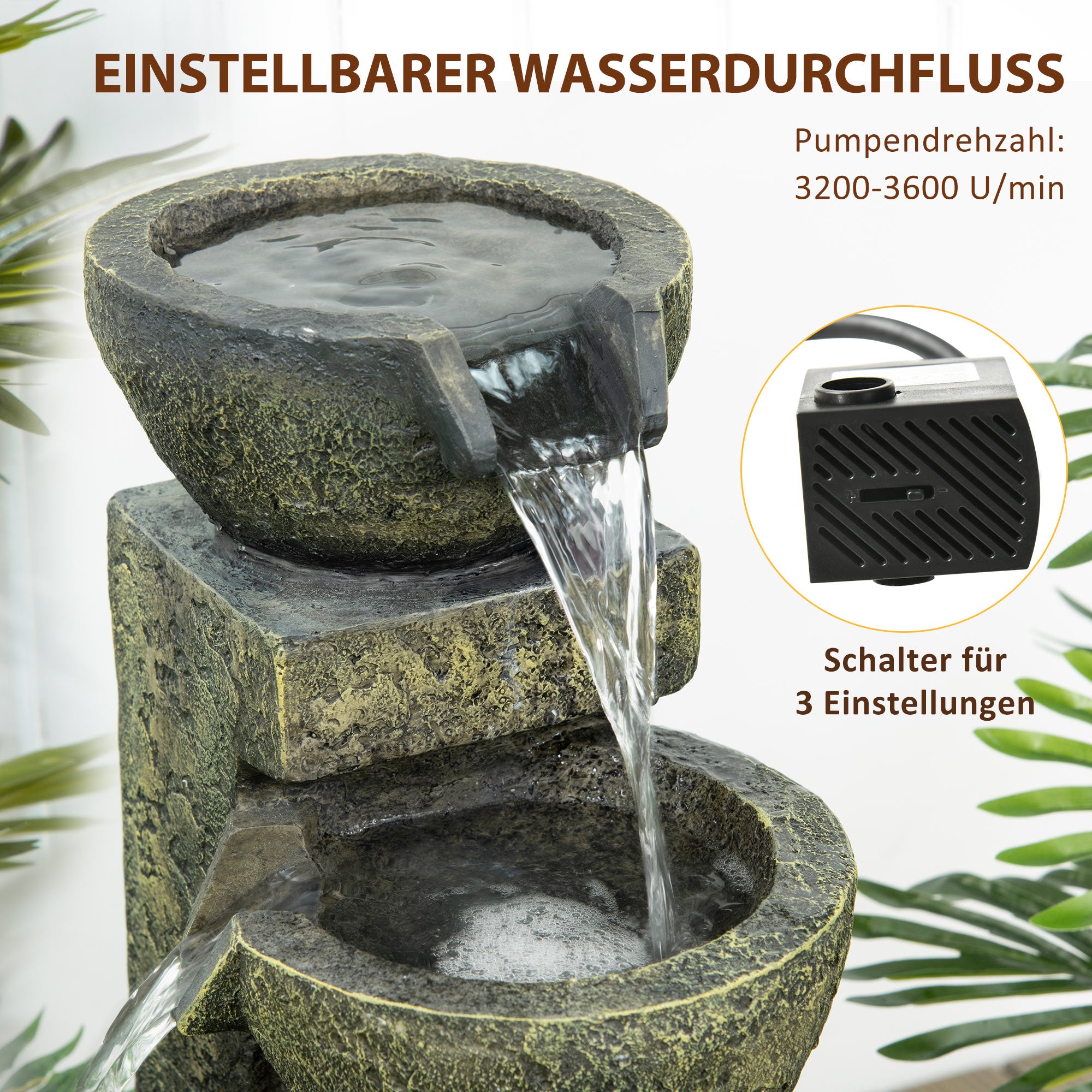 Gartenbrunnen mit Wasserfall-Design – Mehrstufiges Wasserspiel mit einstellbarem Wasserfluss