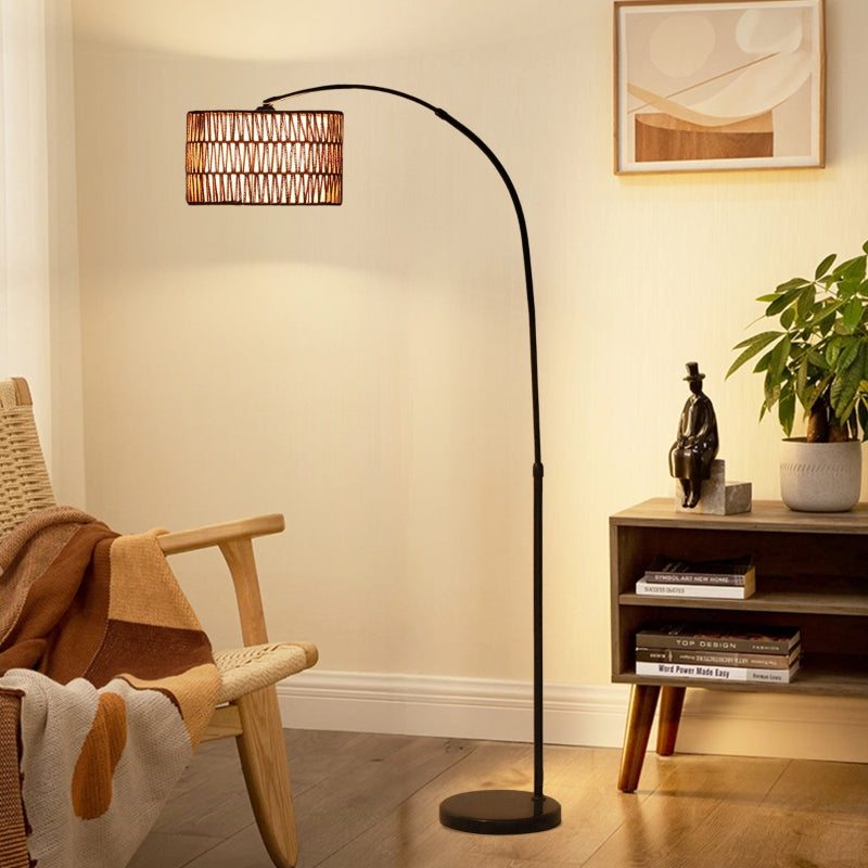 Moderne höhenverstellbare Bogen-Stehlampe mit Stoffschirm und Fußschalter