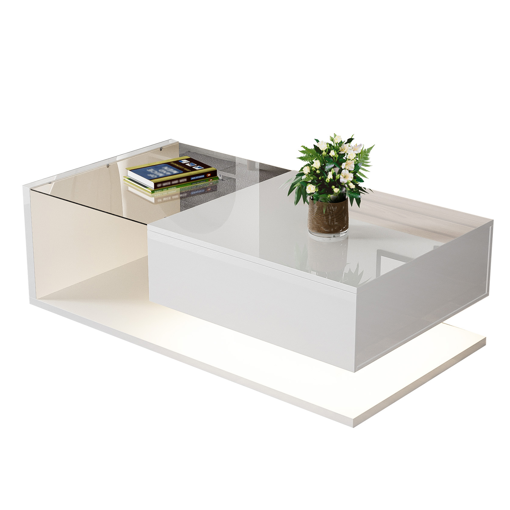 Moderner Couchtisch Hochglanz Weiß mit Glas & LED