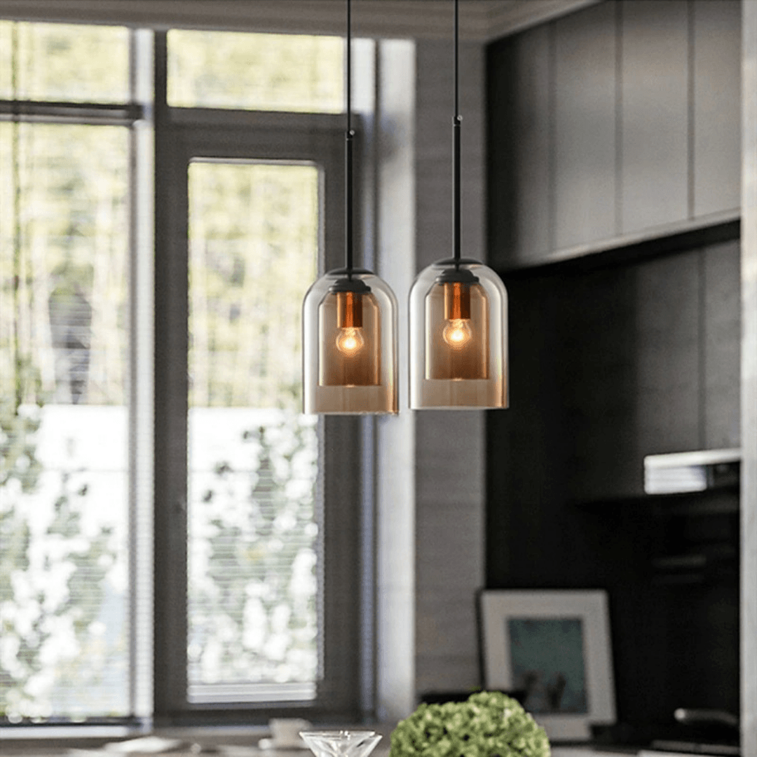 Elegante Glas-Pendelleuchte in Grau & Bernstein | Minimalistisches Design, E27 Sockel, LED-kompatibel, 60W Max, verstellbare Kette