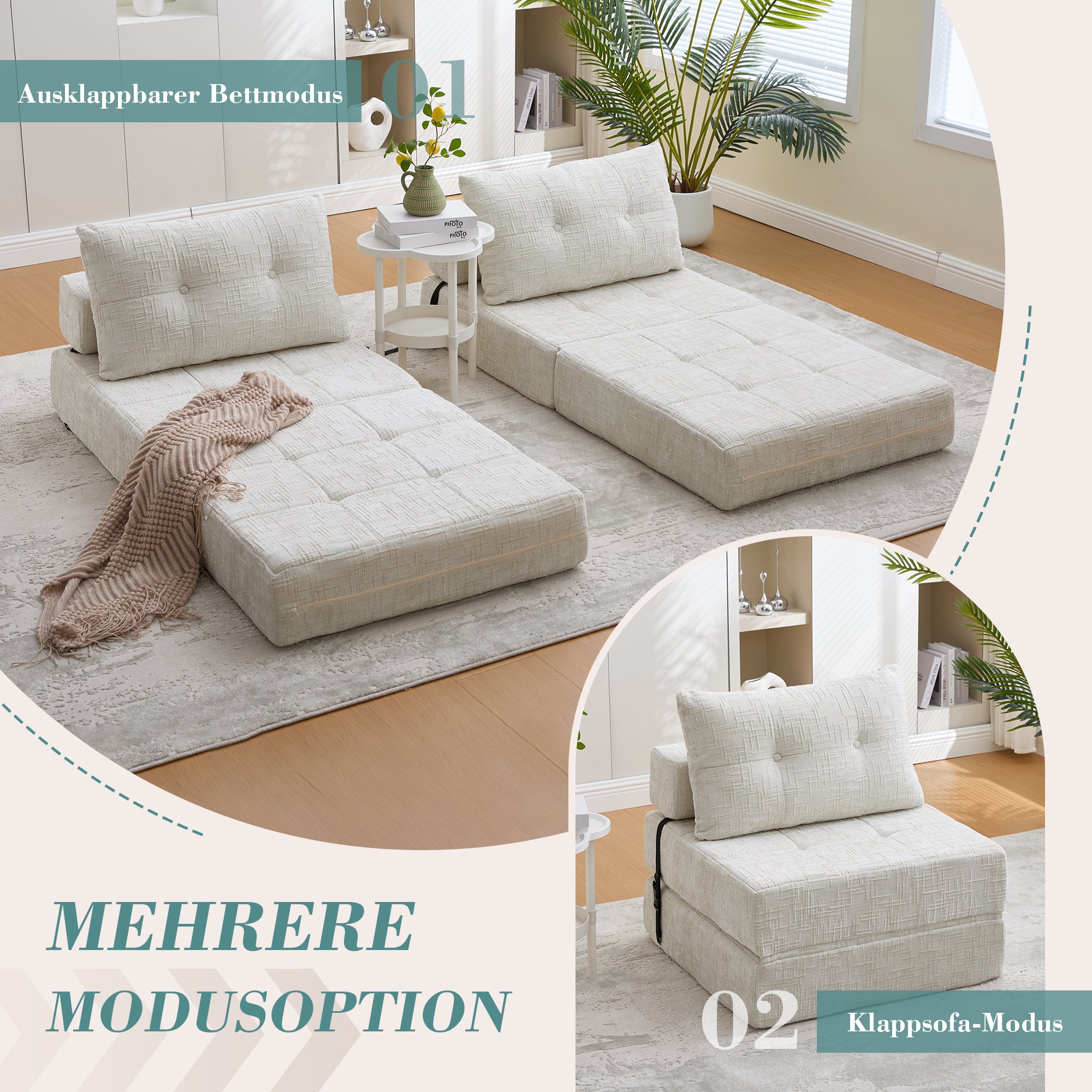Klappbares Schlafsofa in Beige – Multifunktionales Bodensofa mit Kissen