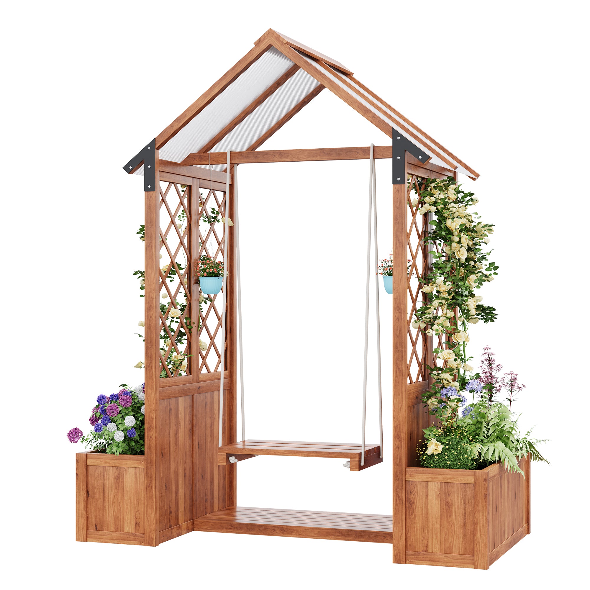 Pflanzkübel mit Schaukel und Rankgitter – Garten-Pflanzgefäß mit Sonnendach und Holzrahmen
