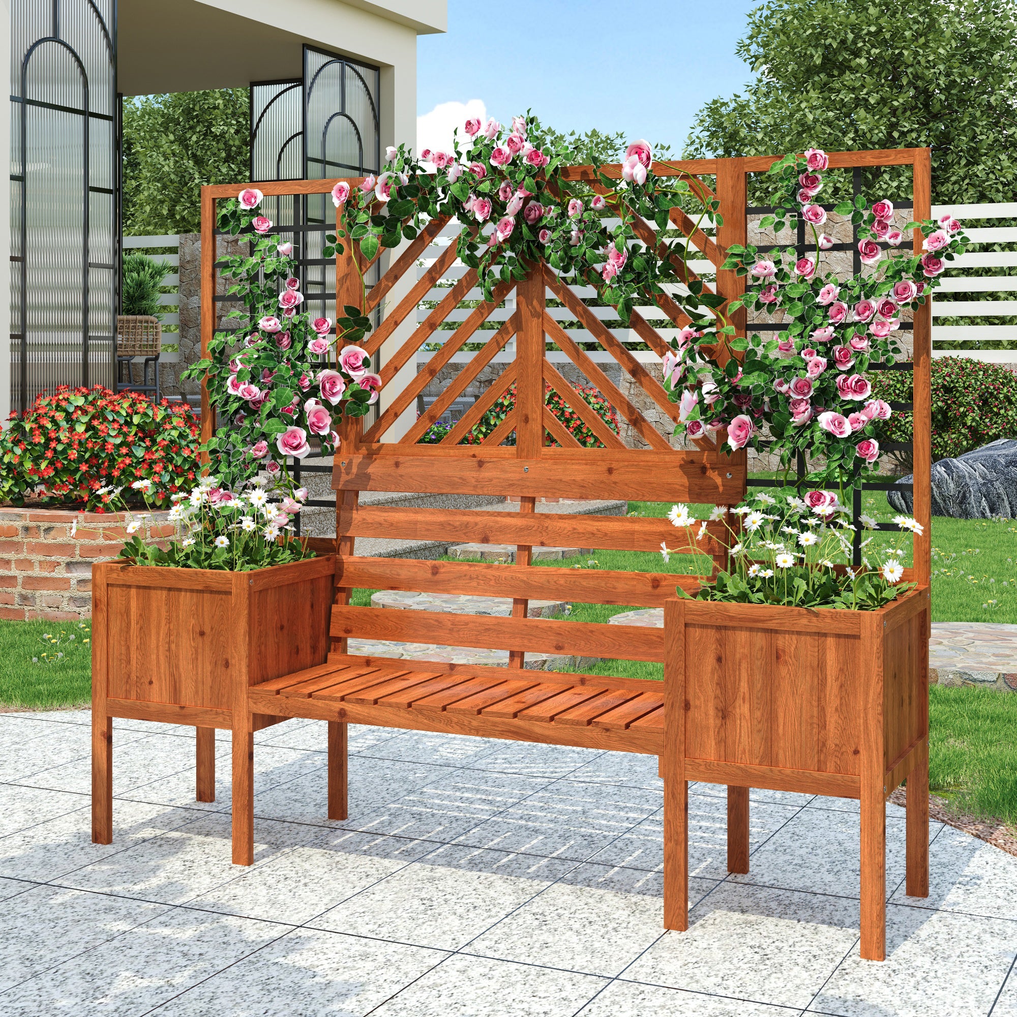 Pflanzkübel mit Spalier und Sitzbank – Massivholz Pflanzkasten für Garten und Terrasse