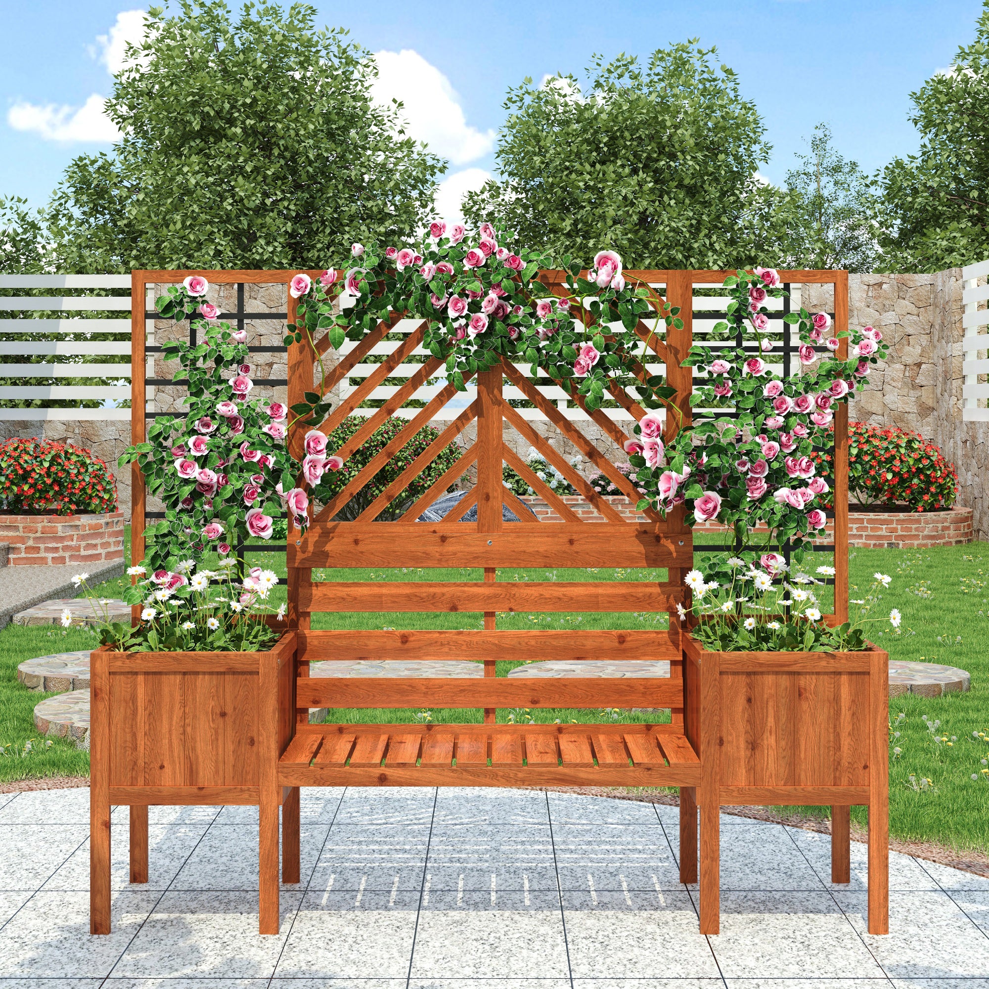 Pflanzkübel mit Spalier und Sitzbank – Massivholz Pflanzkasten für Garten und Terrasse