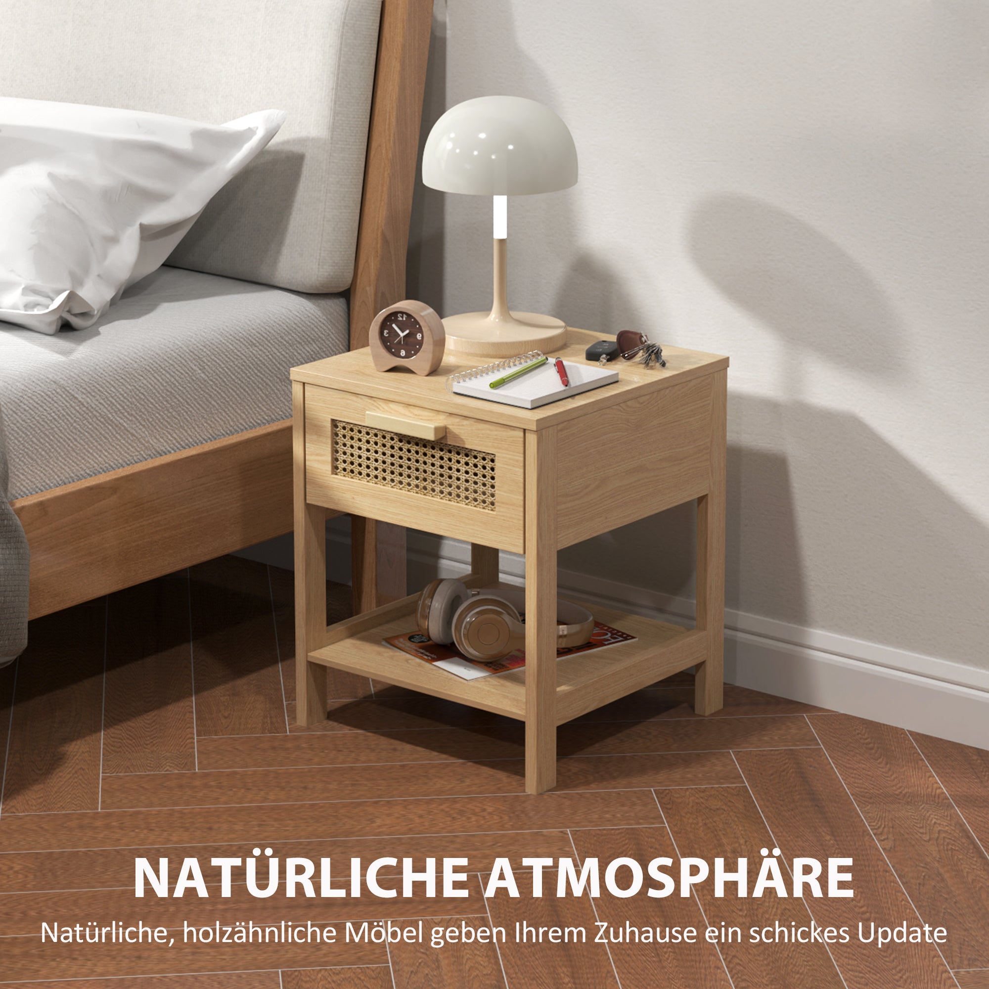 Nachttisch mit Rattan-Schublade und Ablage