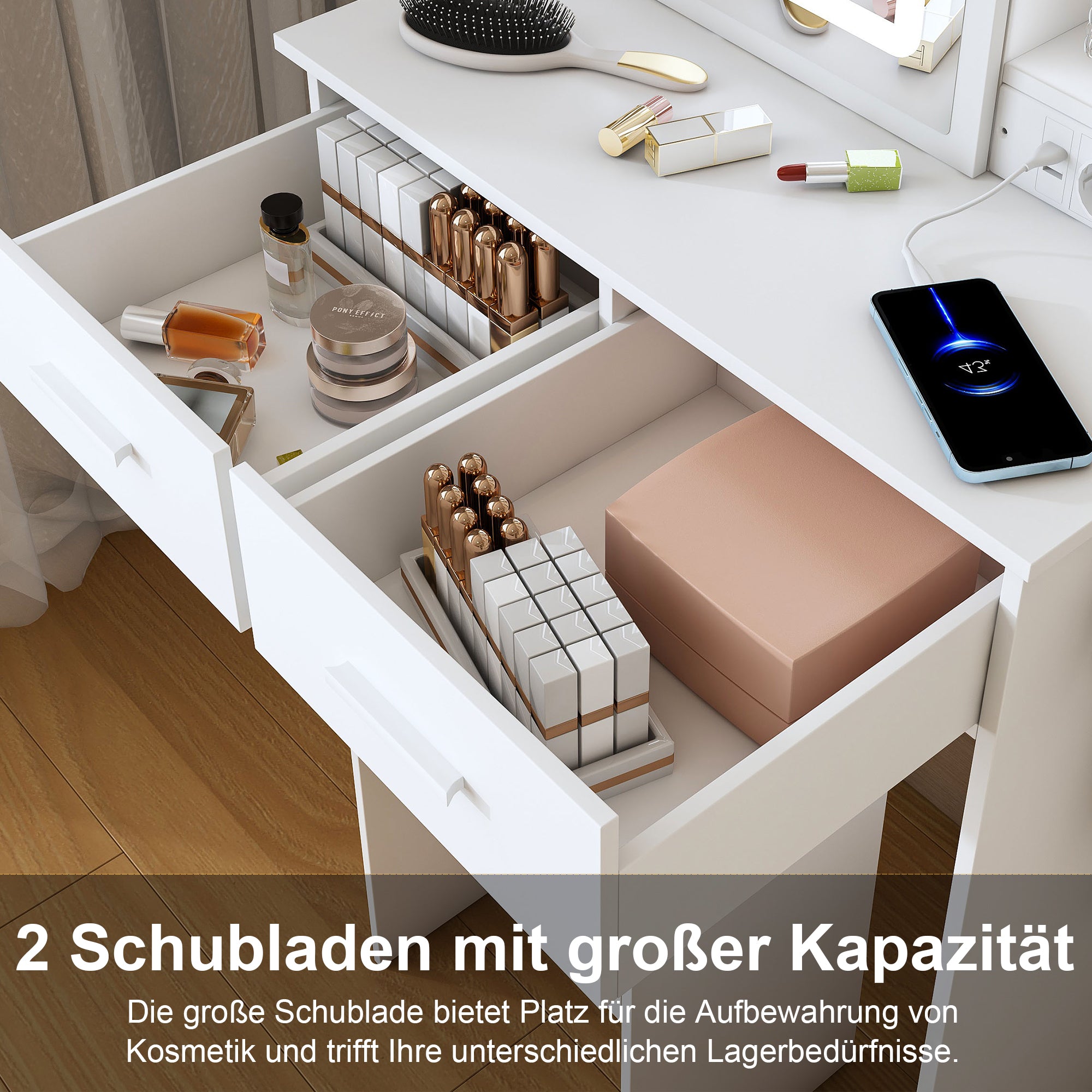 Moderner Schminktisch mit LED-Spiegel und Stauraum