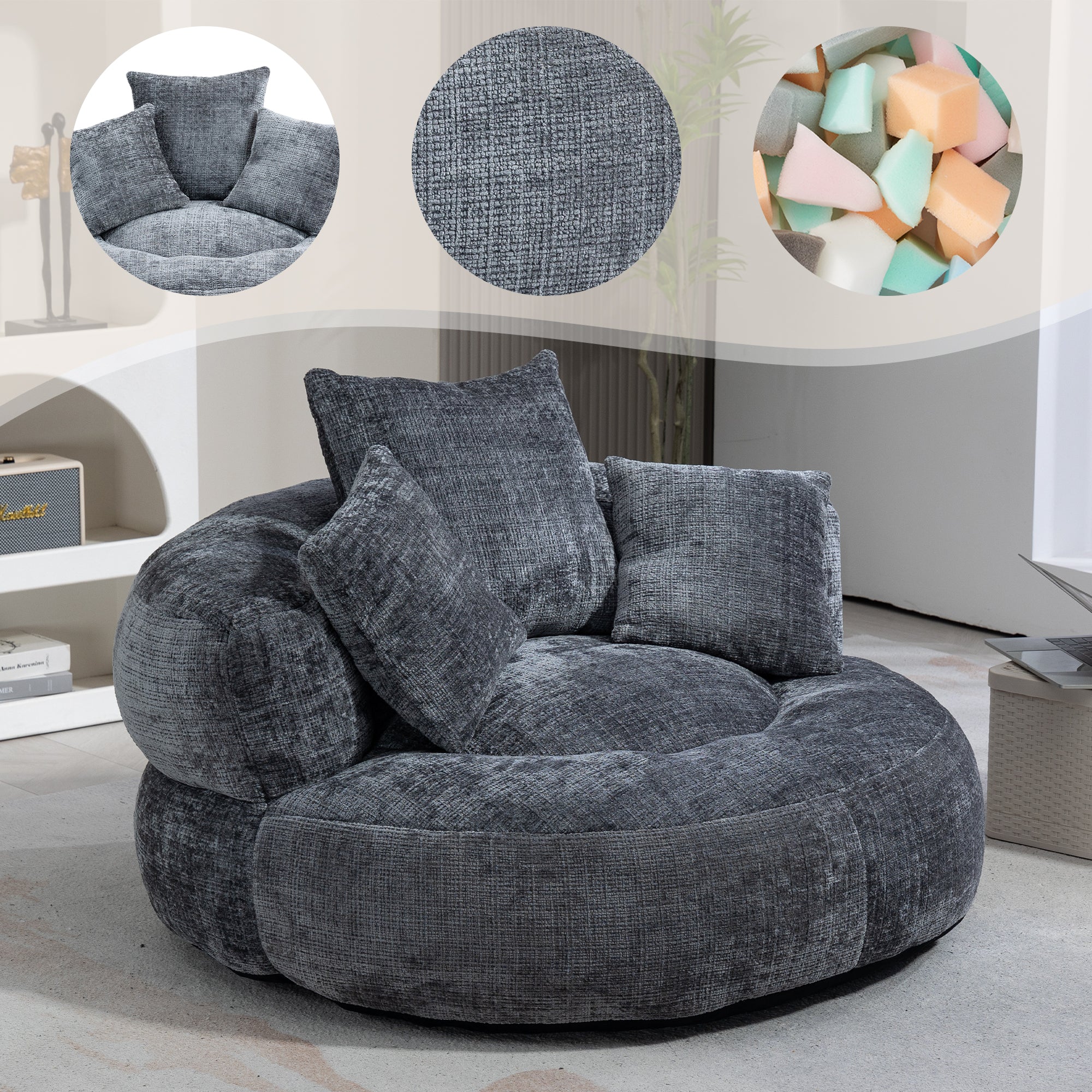 Runder Lazy Sofa Lounger in Grau – Komfortabler Chenille Sitzsack mit Kissen