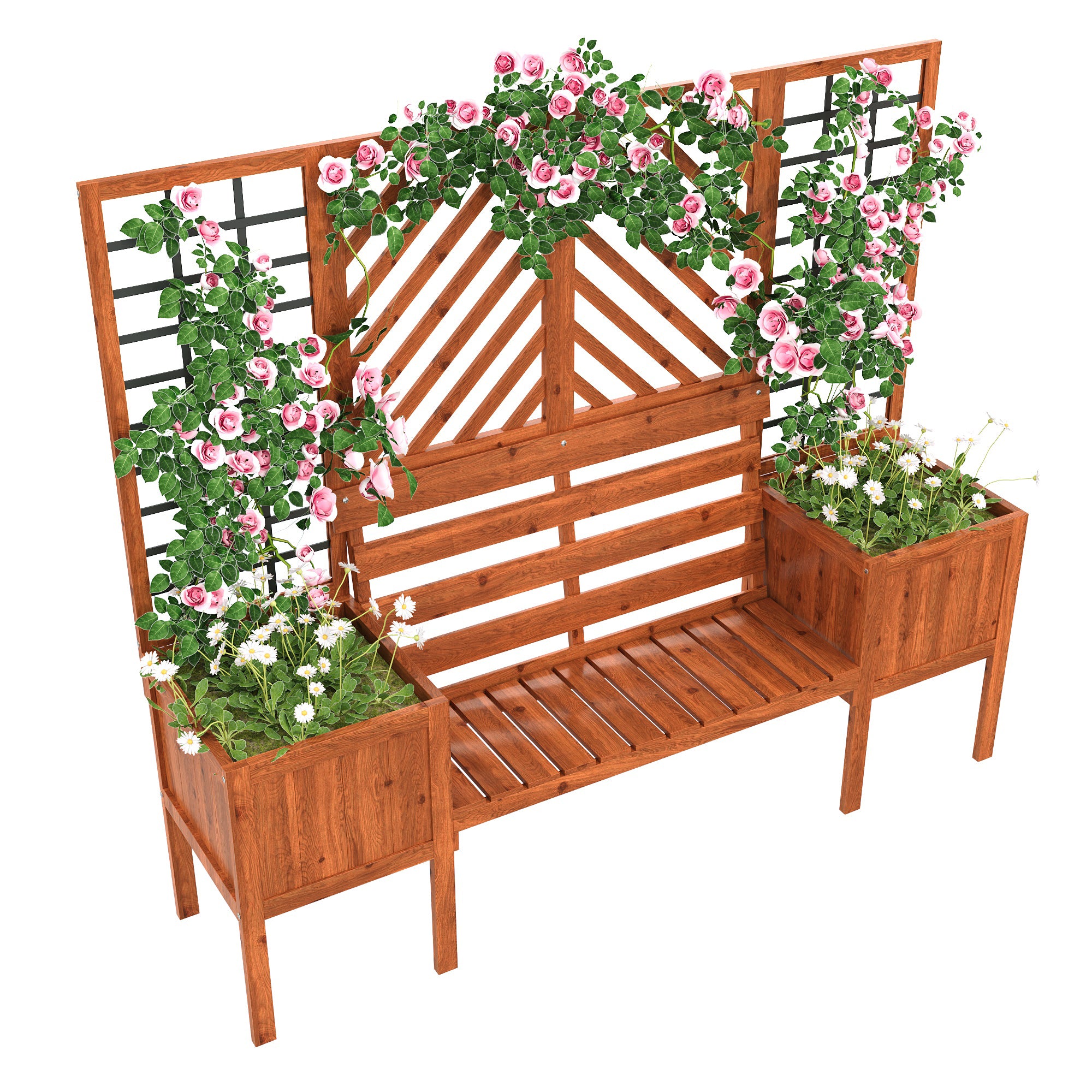 Pflanzkübel mit Spalier und Sitzbank – Massivholz Pflanzkasten für Garten und Terrasse
