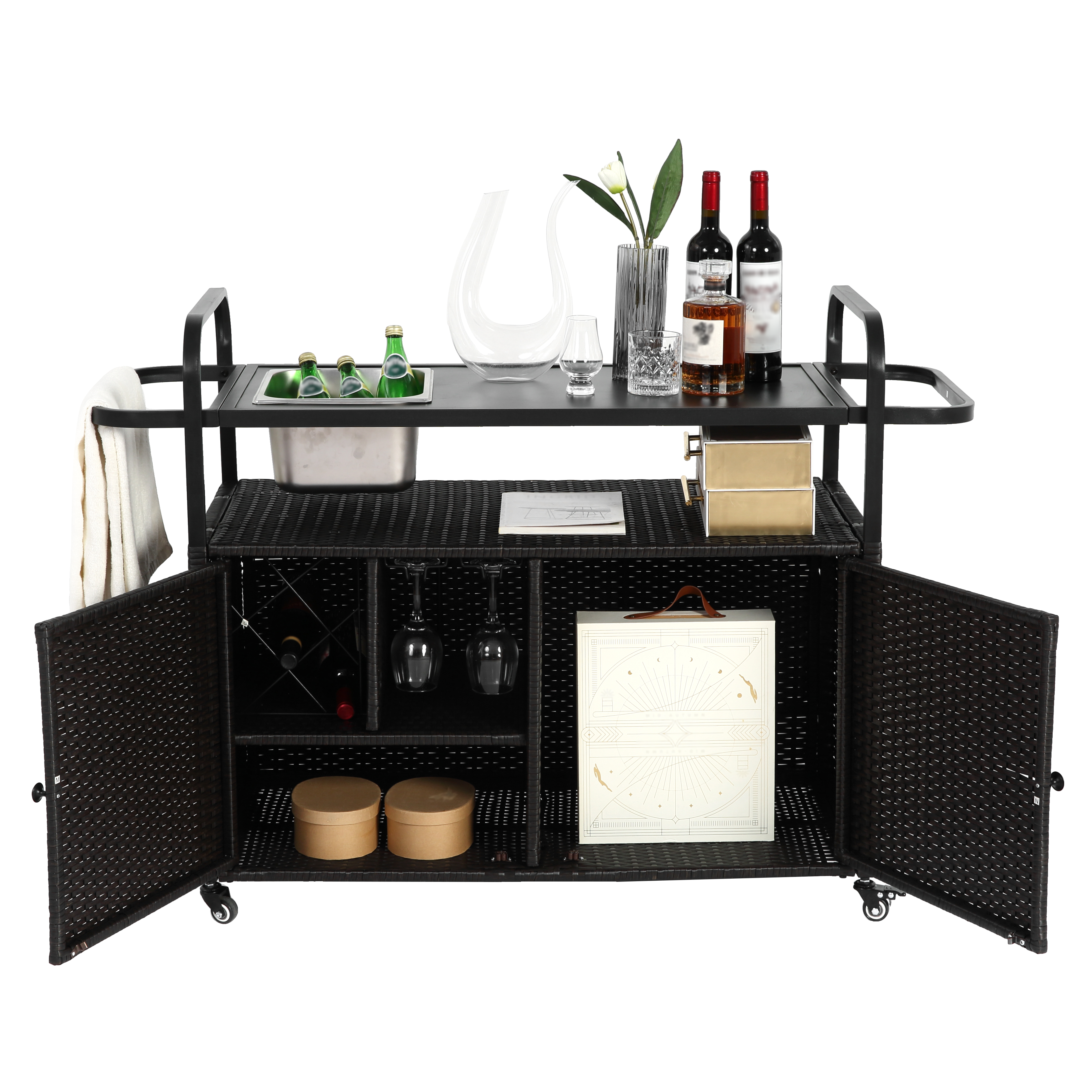 Outdoor Barwagen mit Stauraum – Servierwagen mit Spüle, Rollen und Rattan-Design