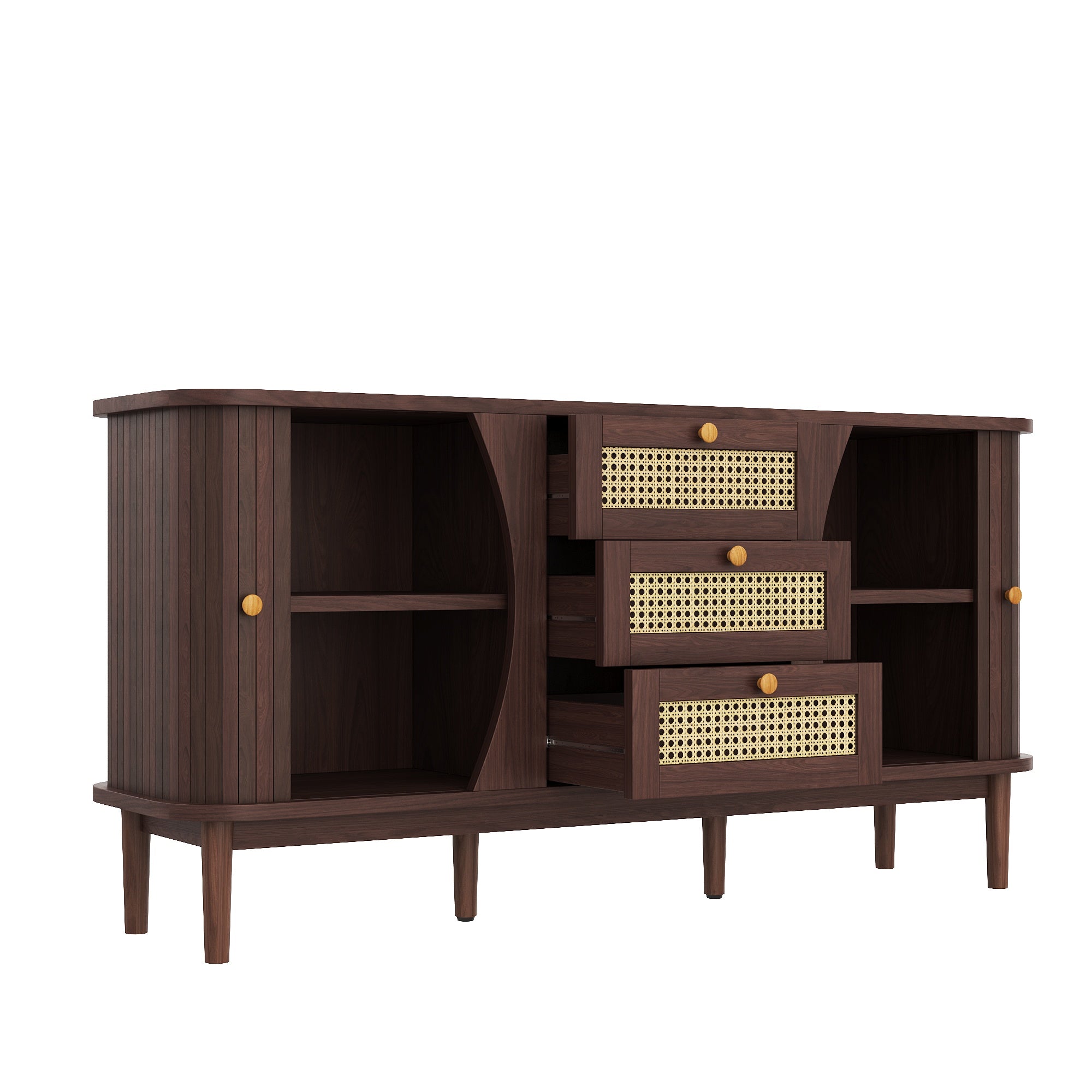 Modernes Sideboard mit Rattan-Details und Schiebetüren