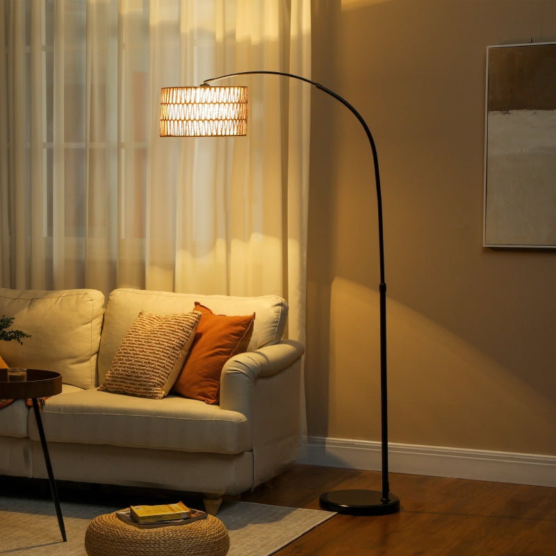 Moderne höhenverstellbare Bogen-Stehlampe mit Stoffschirm und Fußschalter