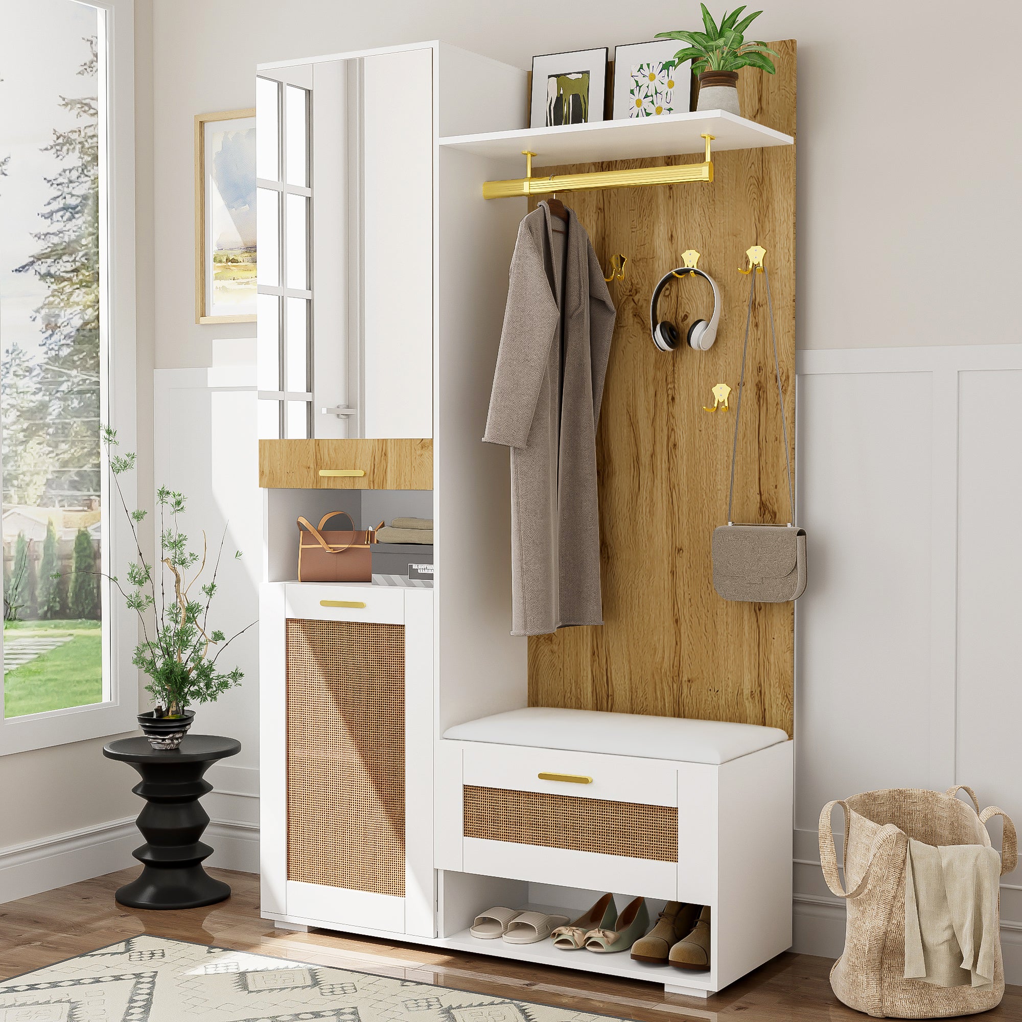 Modernes Garderoben-Set mit Spiegel, LED-Beleuchtung & Sitzbank