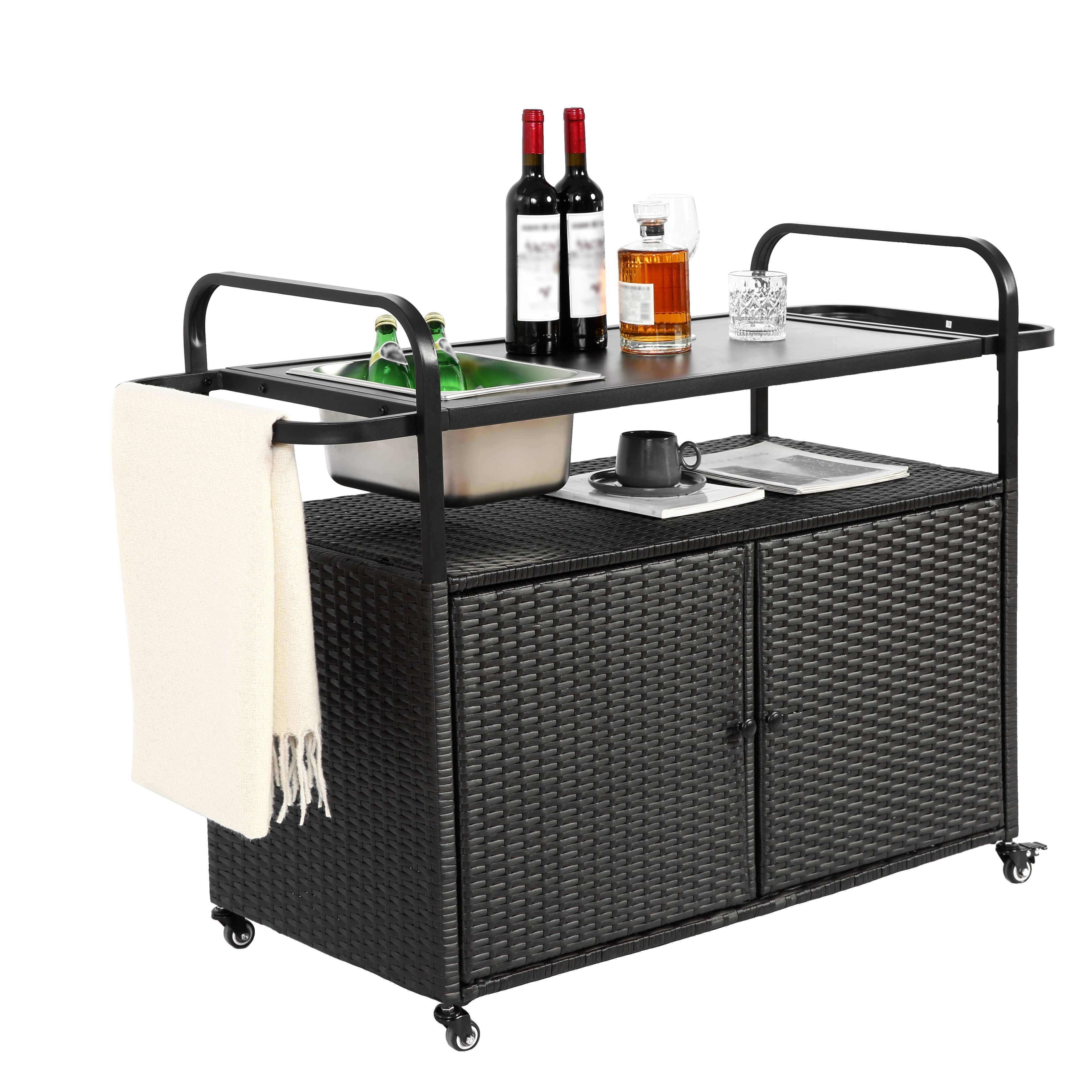 Outdoor Barwagen mit Stauraum – Servierwagen mit Spüle, Rollen und Rattan-Design