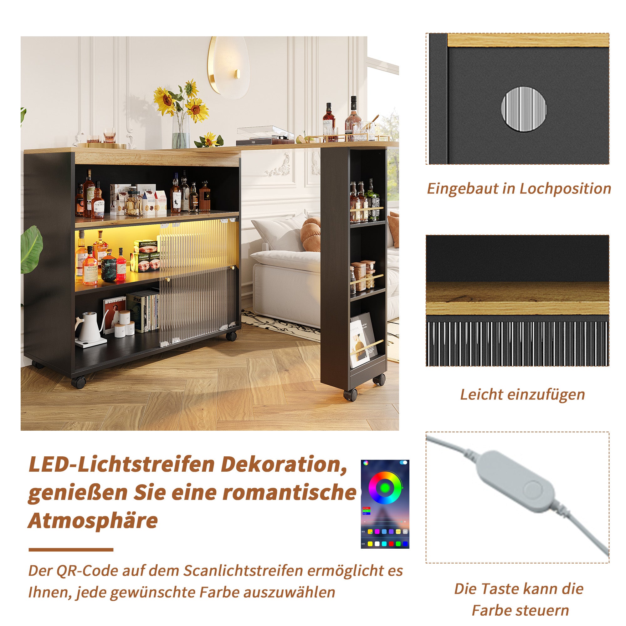 Ausziehbarer Bartisch mit LED & Stauraum