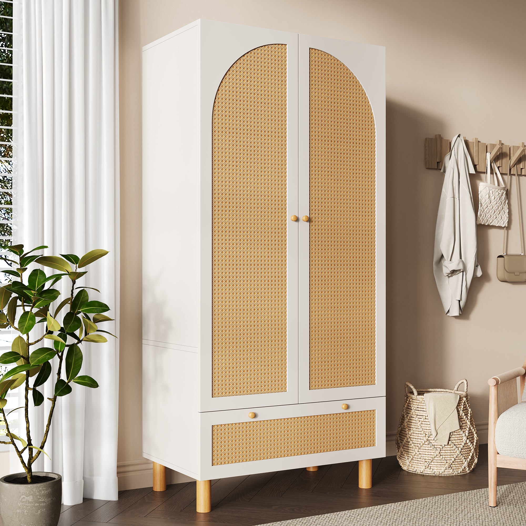 Landhaus Kleiderschrank mit Rattanfront und vielseitigem Stauraum