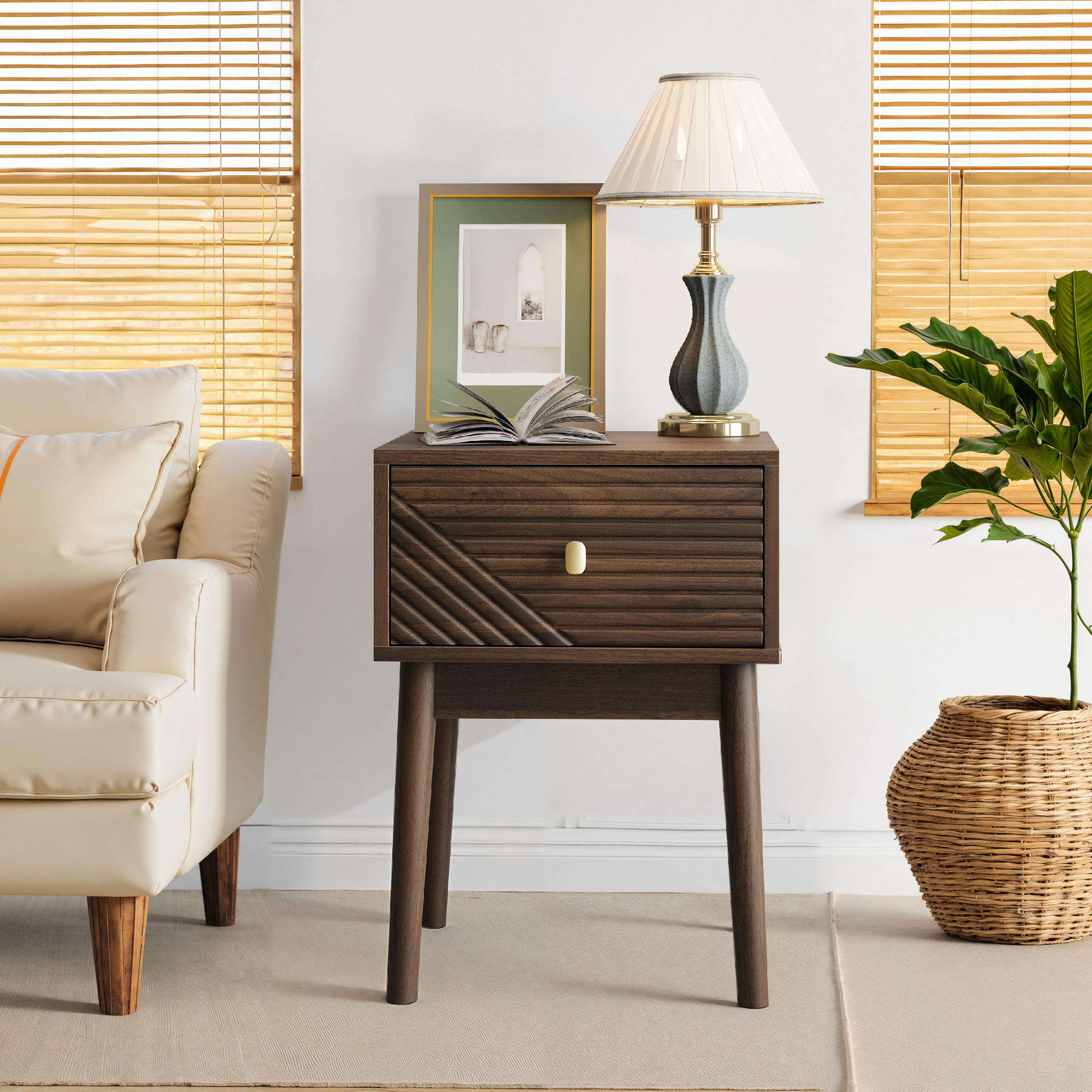 Nachttisch im Mid-Century Design mit Schublade