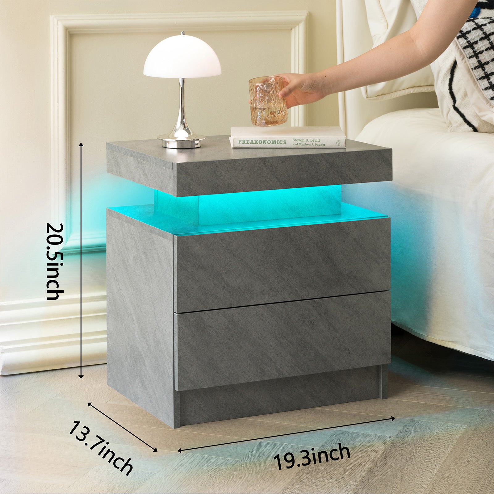 Moderner Nachttisch mit LED-Beleuchtung und 2 Schubladen